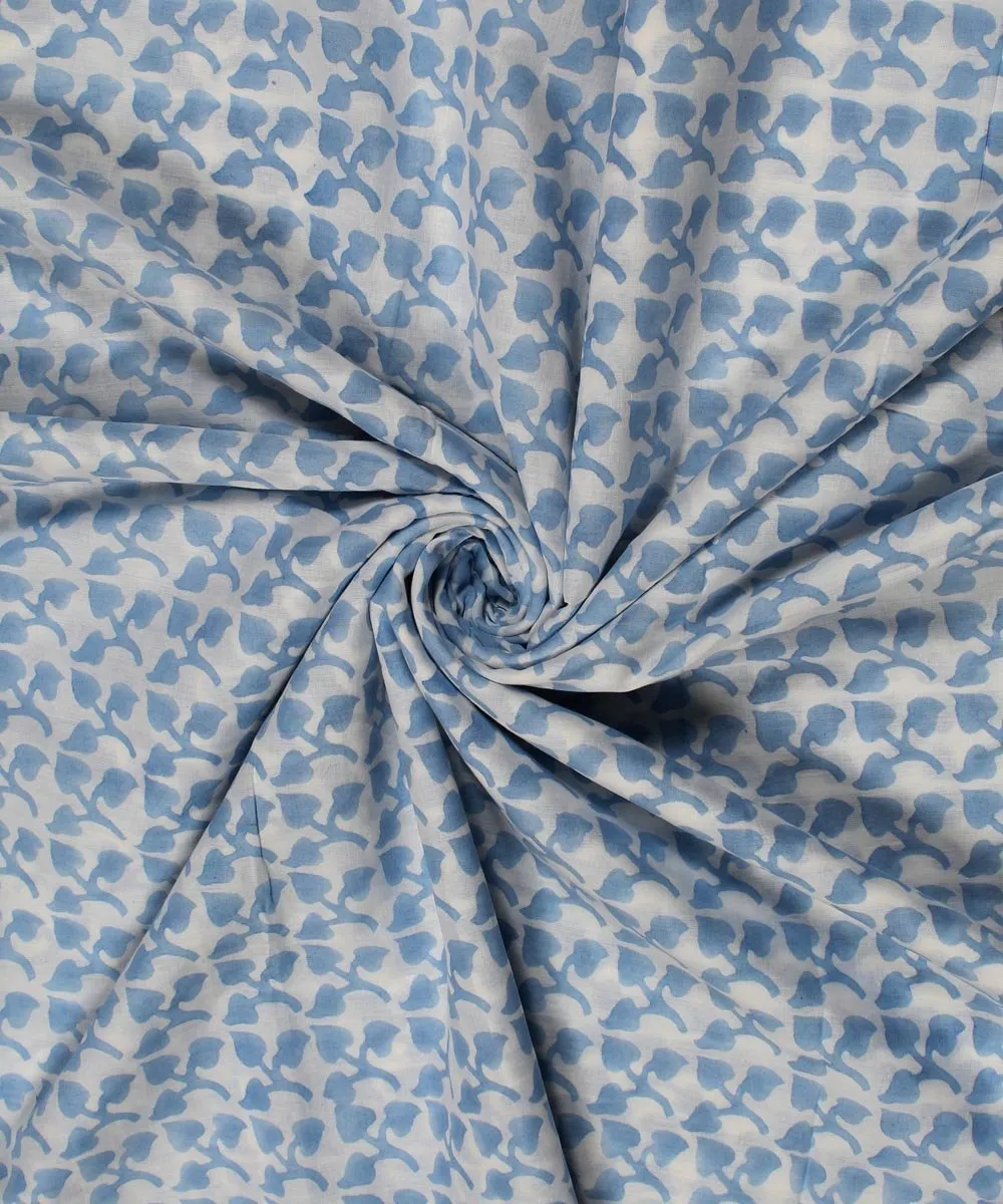 0.58m White blue floral block print cotton fabric