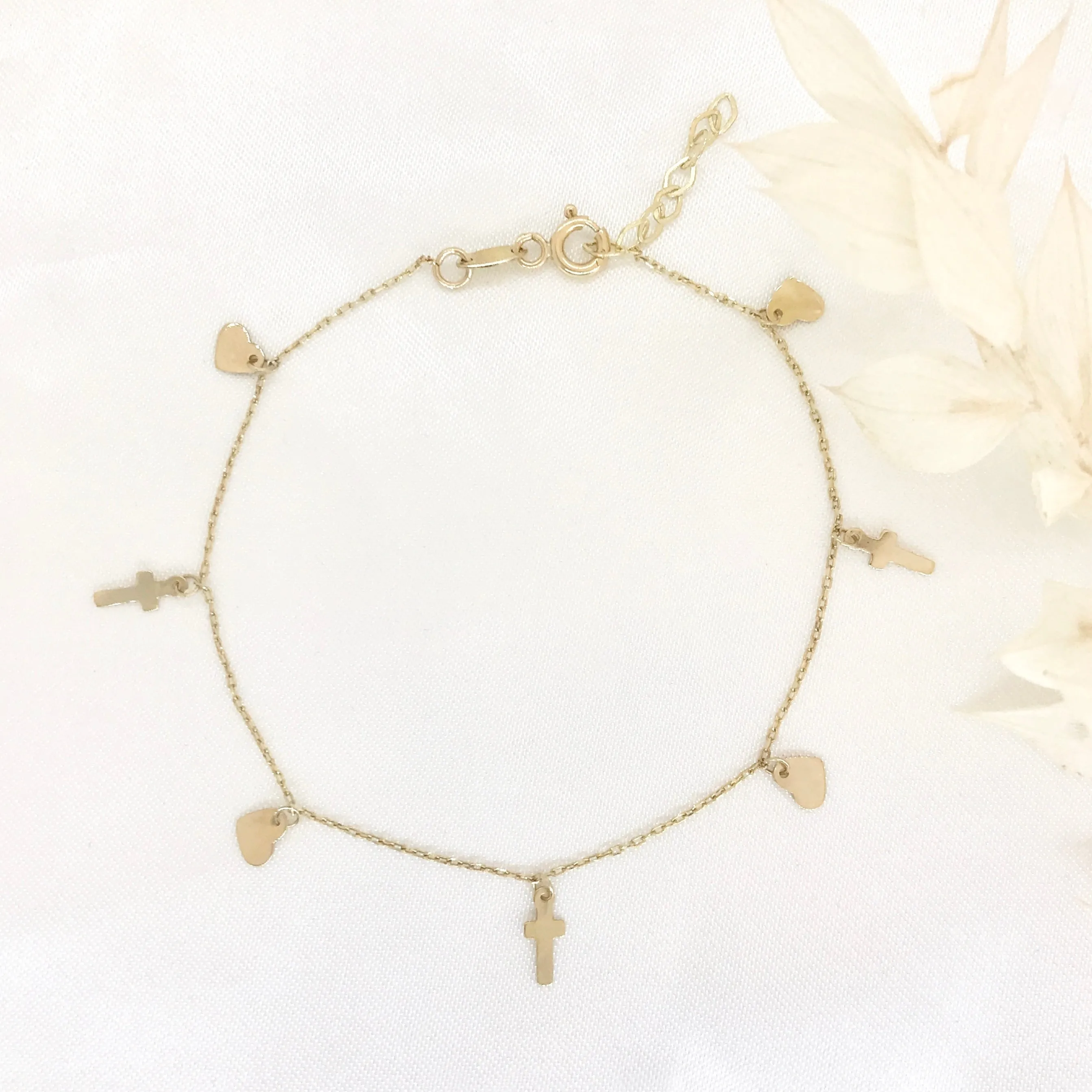 10k Yellow Gold Cross & Heart Dangle Bracelet