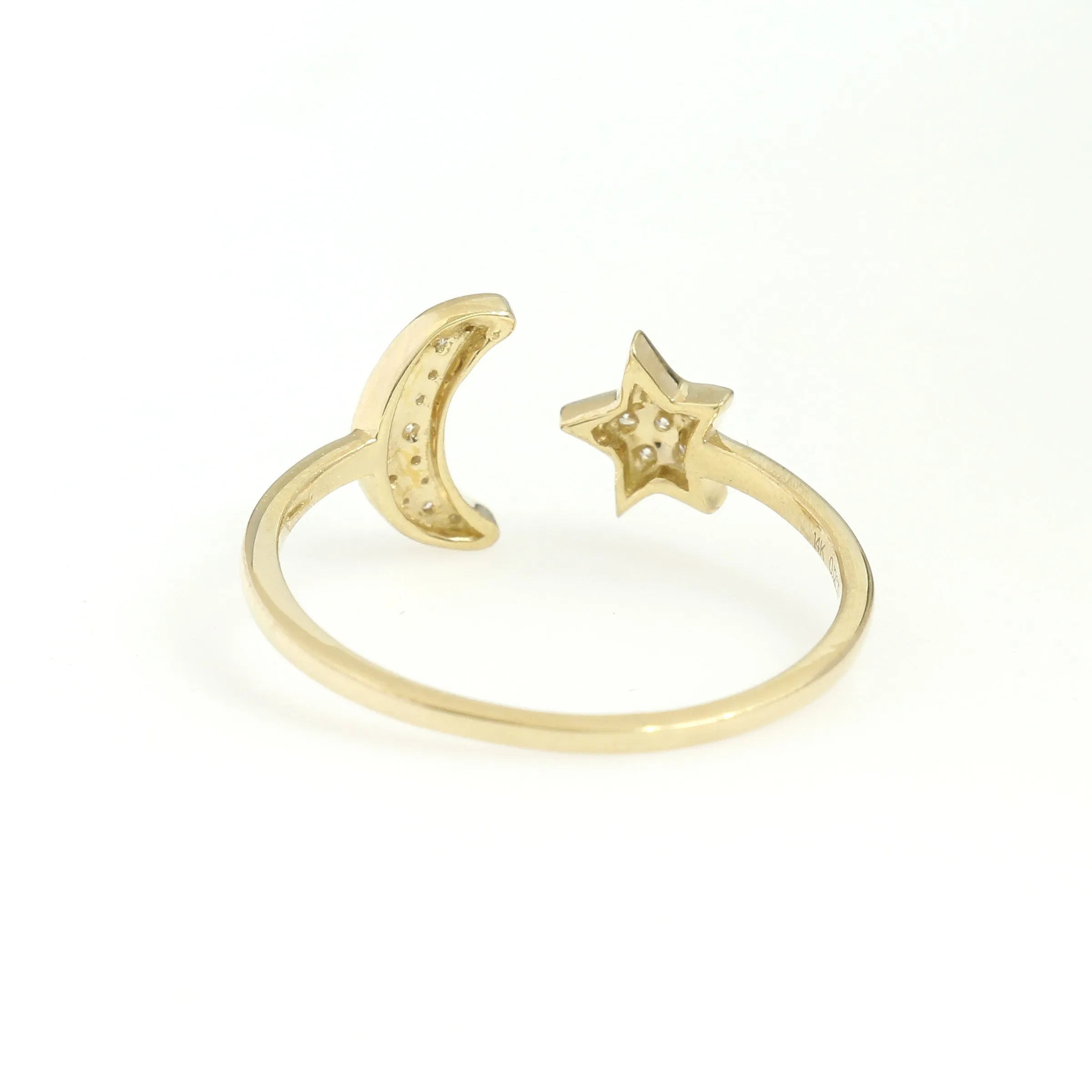 14K Yellow Gold Star And Moon Ring 0.12 Ctw