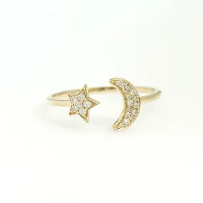 14K Yellow Gold Star And Moon Ring 0.12 Ctw