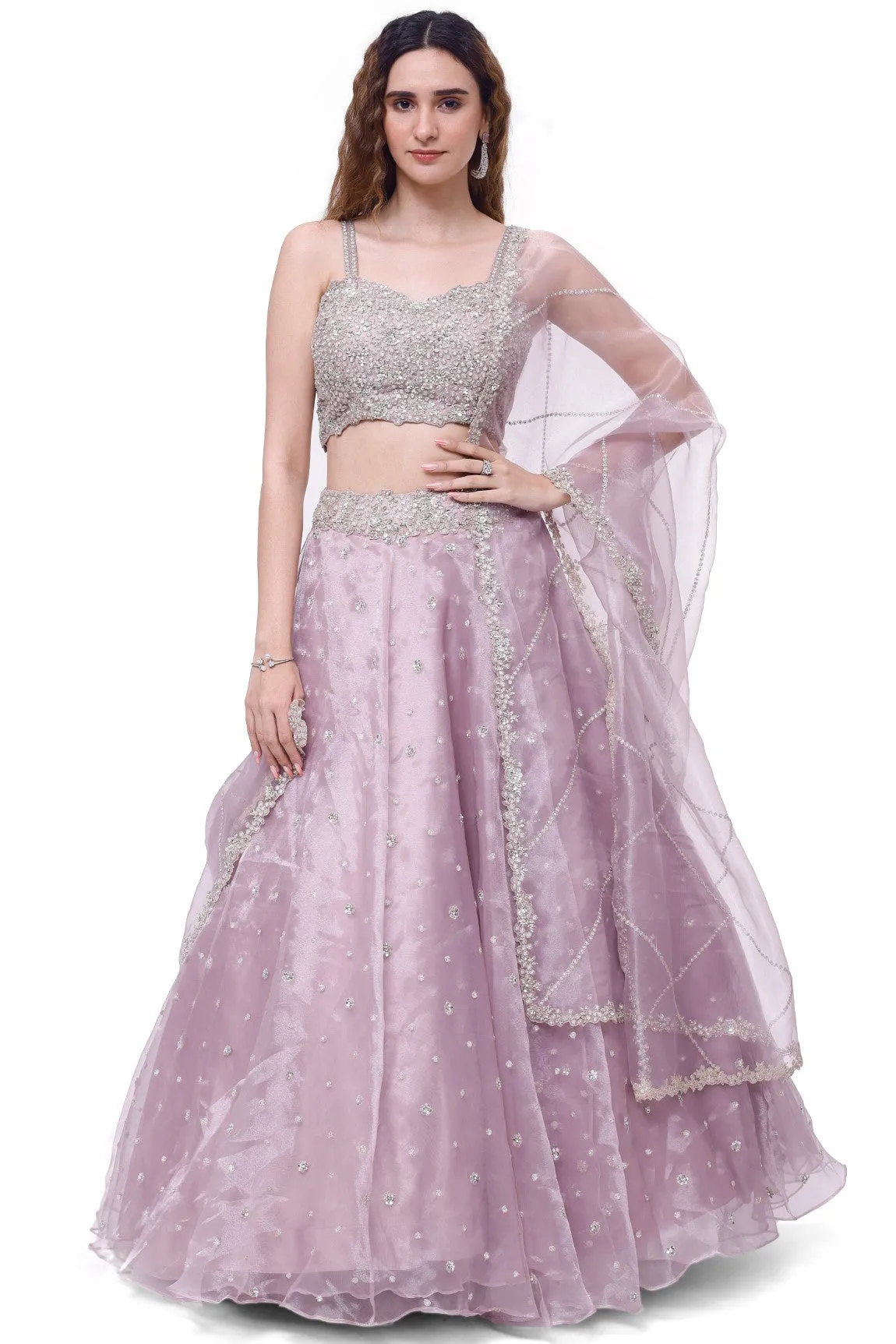 30Z332-RO Lavender Embroidered Tissue Lehenga with Dupatta