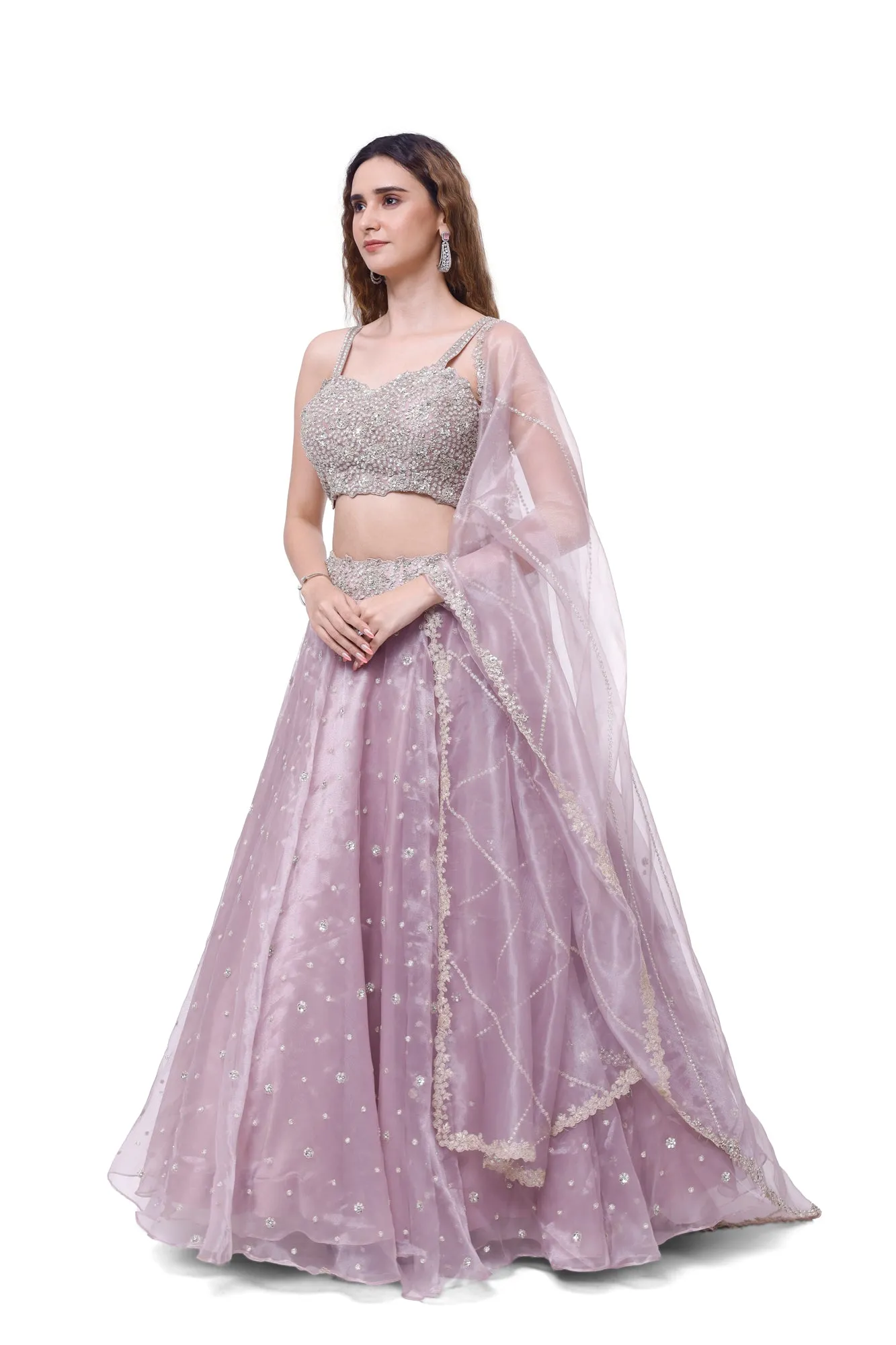 30Z332-RO Lavender Embroidered Tissue Lehenga with Dupatta