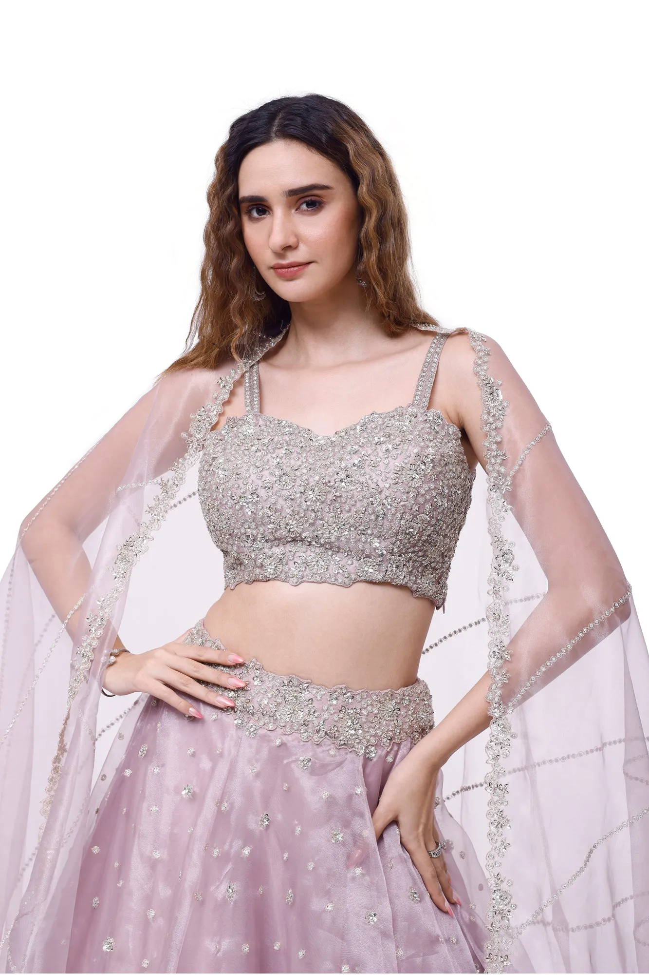 30Z332-RO Lavender Embroidered Tissue Lehenga with Dupatta