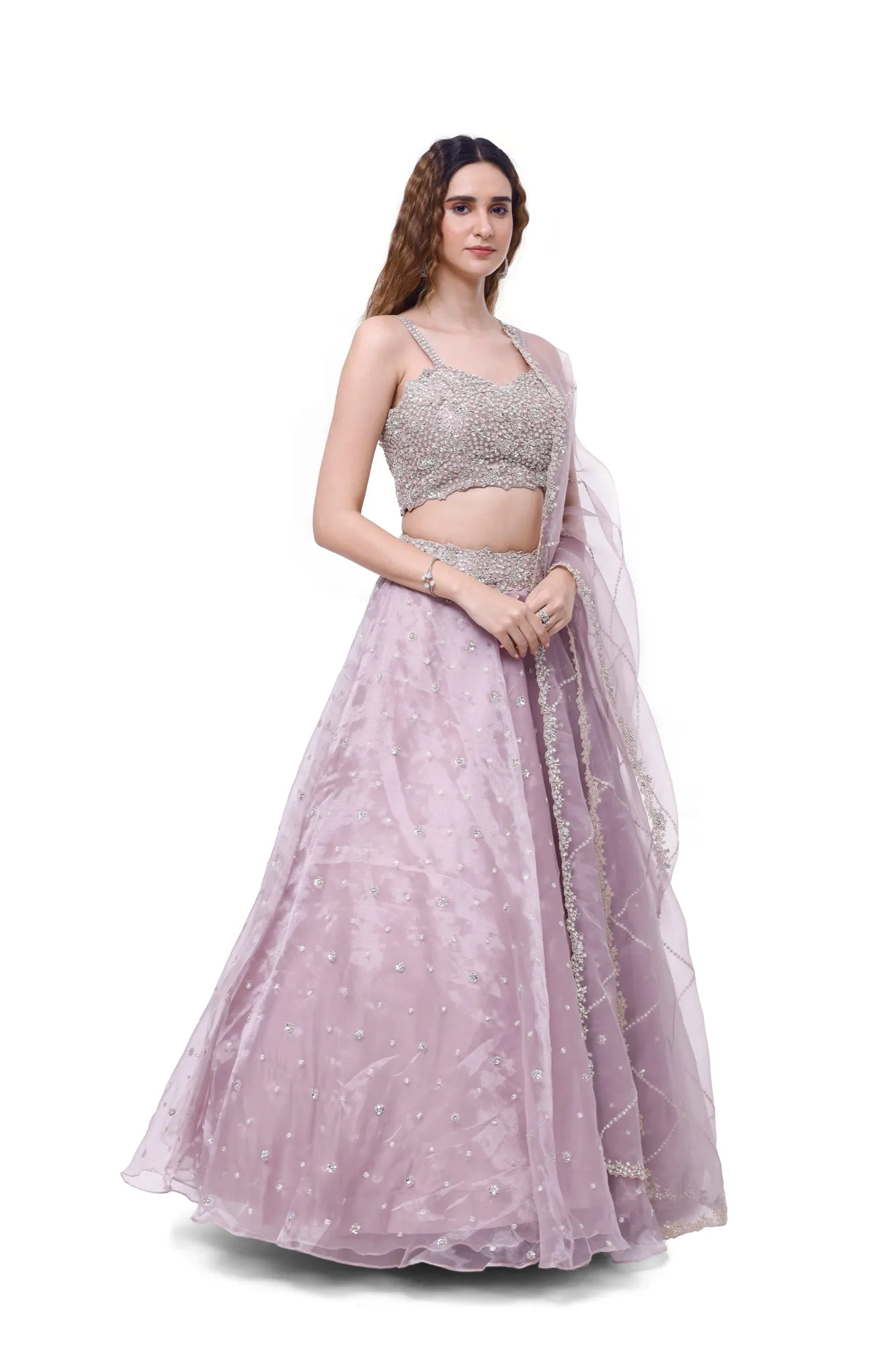 30Z332-RO Lavender Embroidered Tissue Lehenga with Dupatta