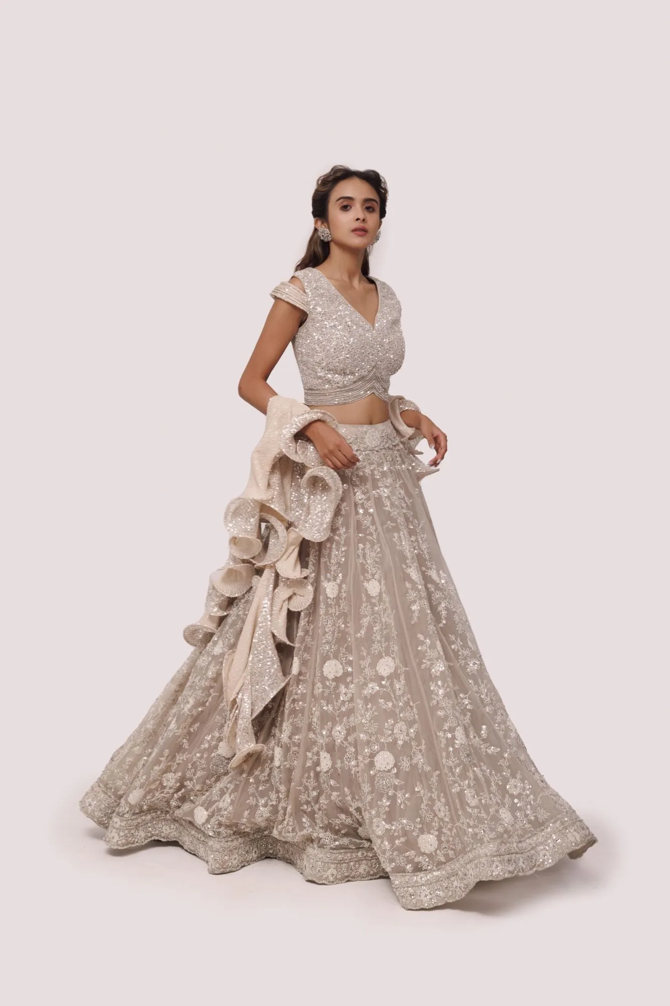 30Z346-RO Bone White Embroidered Net and Organza Lehenga