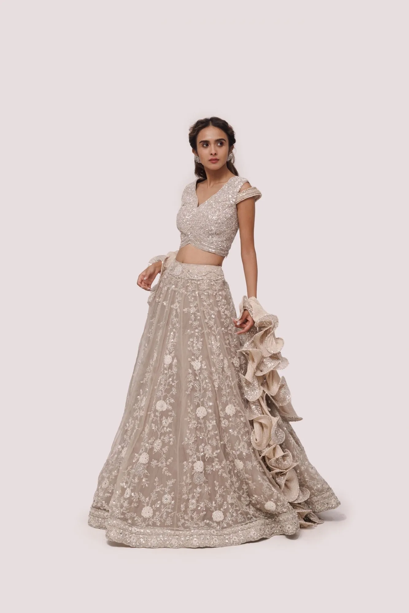 30Z346-RO Bone White Embroidered Net and Organza Lehenga