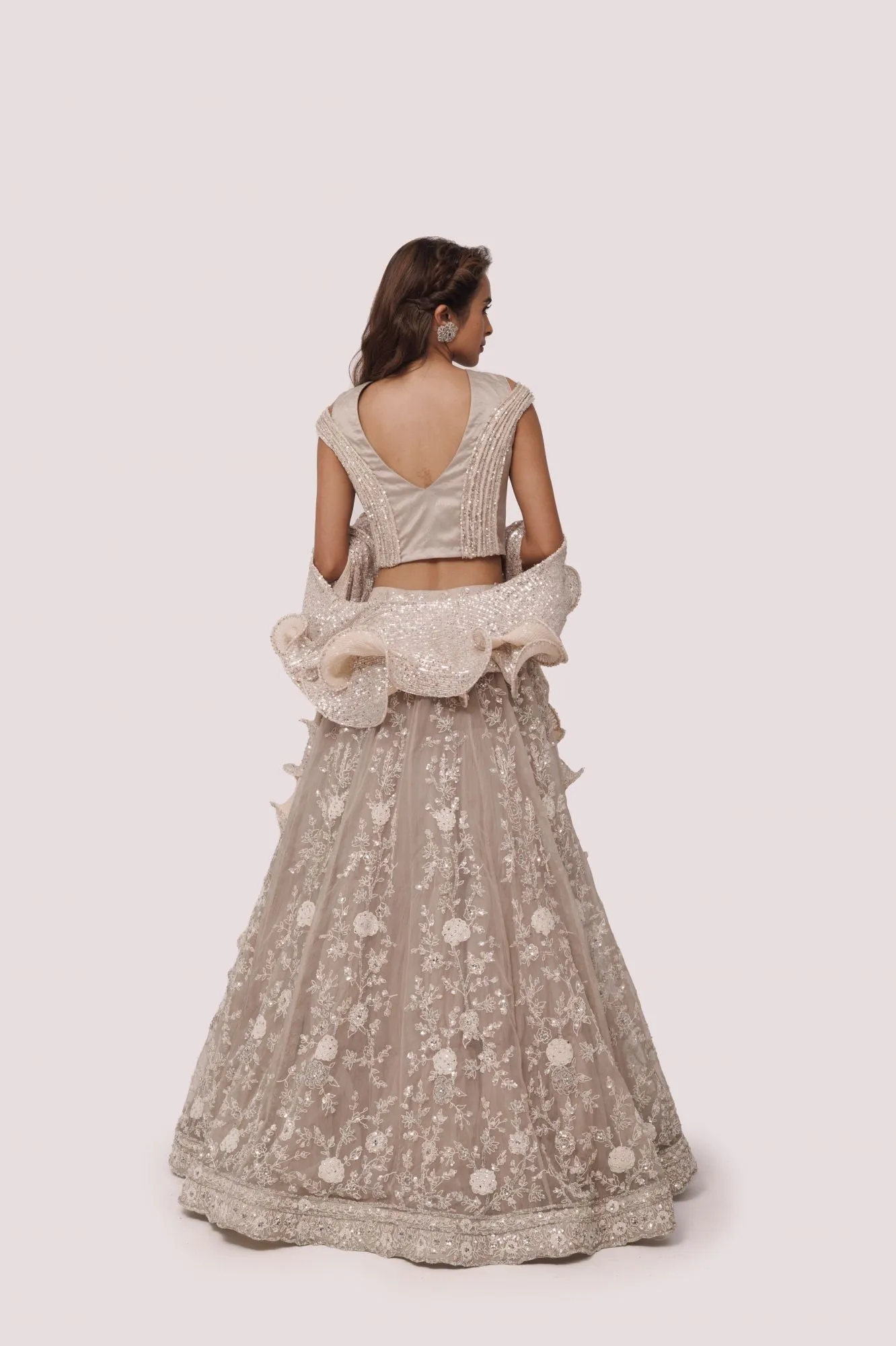 30Z346-RO Bone White Embroidered Net and Organza Lehenga