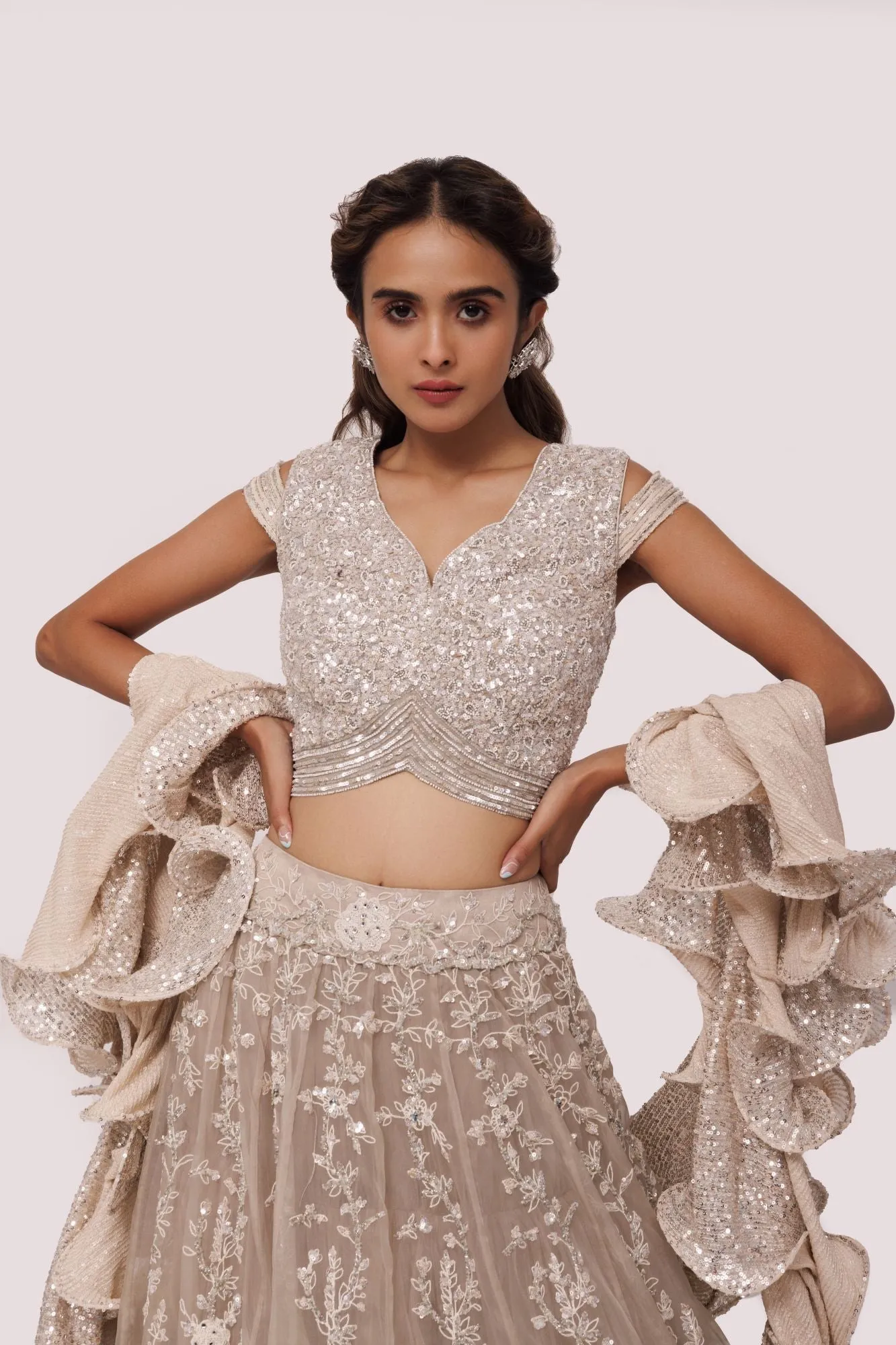 30Z346-RO Bone White Embroidered Net and Organza Lehenga