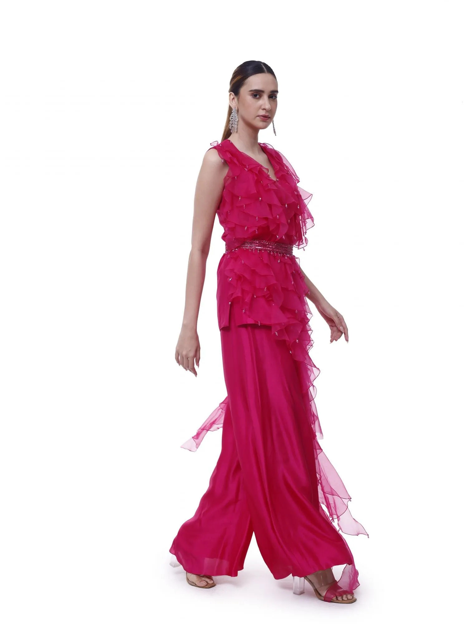 50Z915-RO Pink Silk Organza Flounce Suit Set