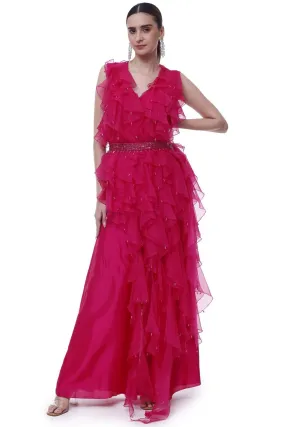 50Z915-RO Pink Silk Organza Flounce Suit Set