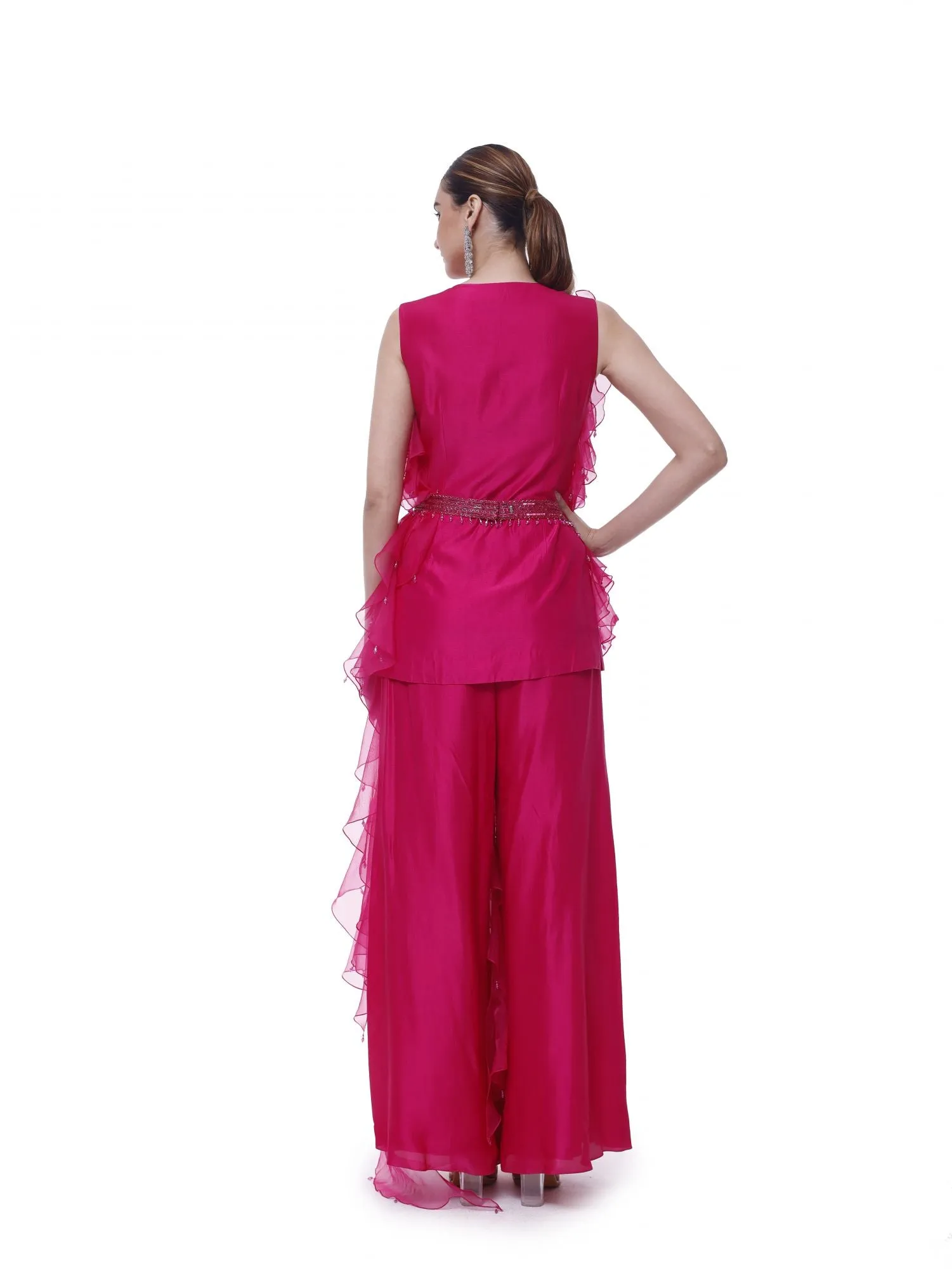 50Z915-RO Pink Silk Organza Flounce Suit Set