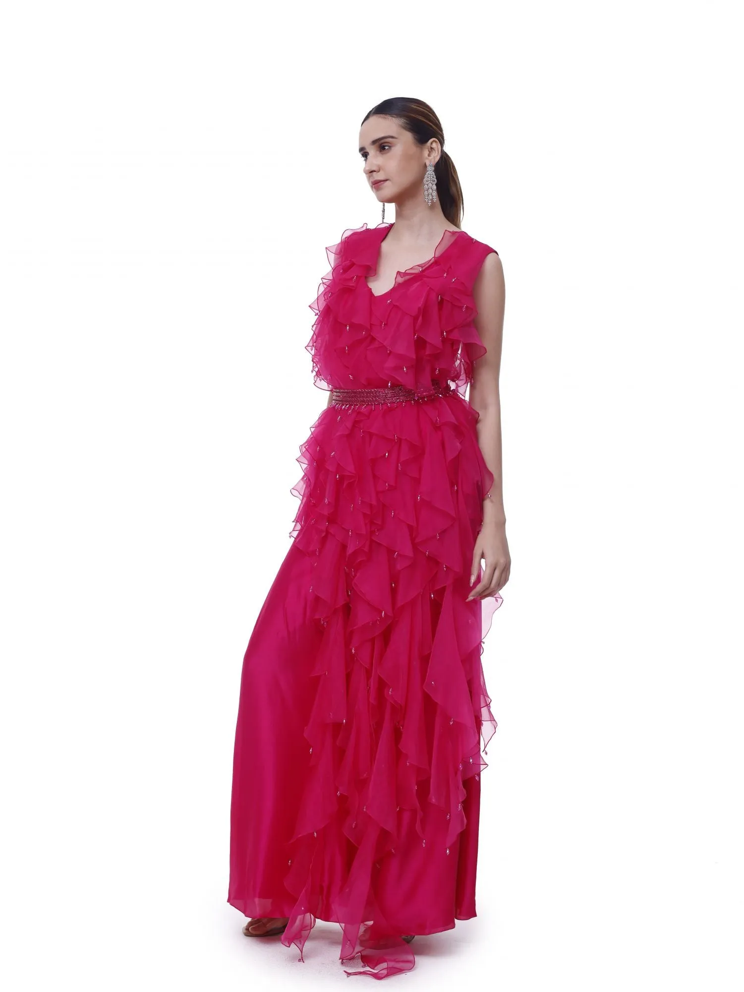 50Z915-RO Pink Silk Organza Flounce Suit Set