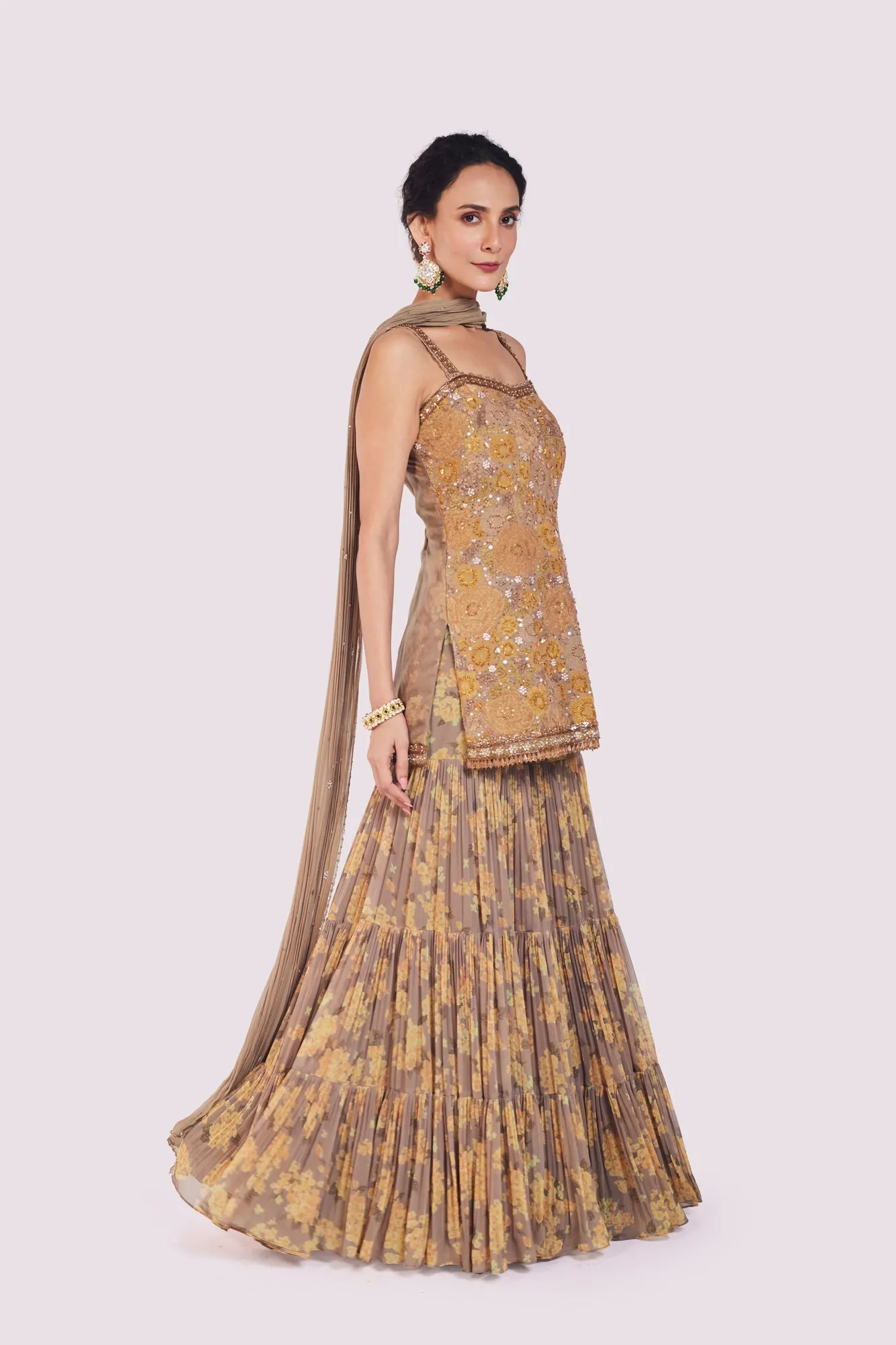 51Z048-RO Beige Floral Georgette Sharara Suit with Dupatta