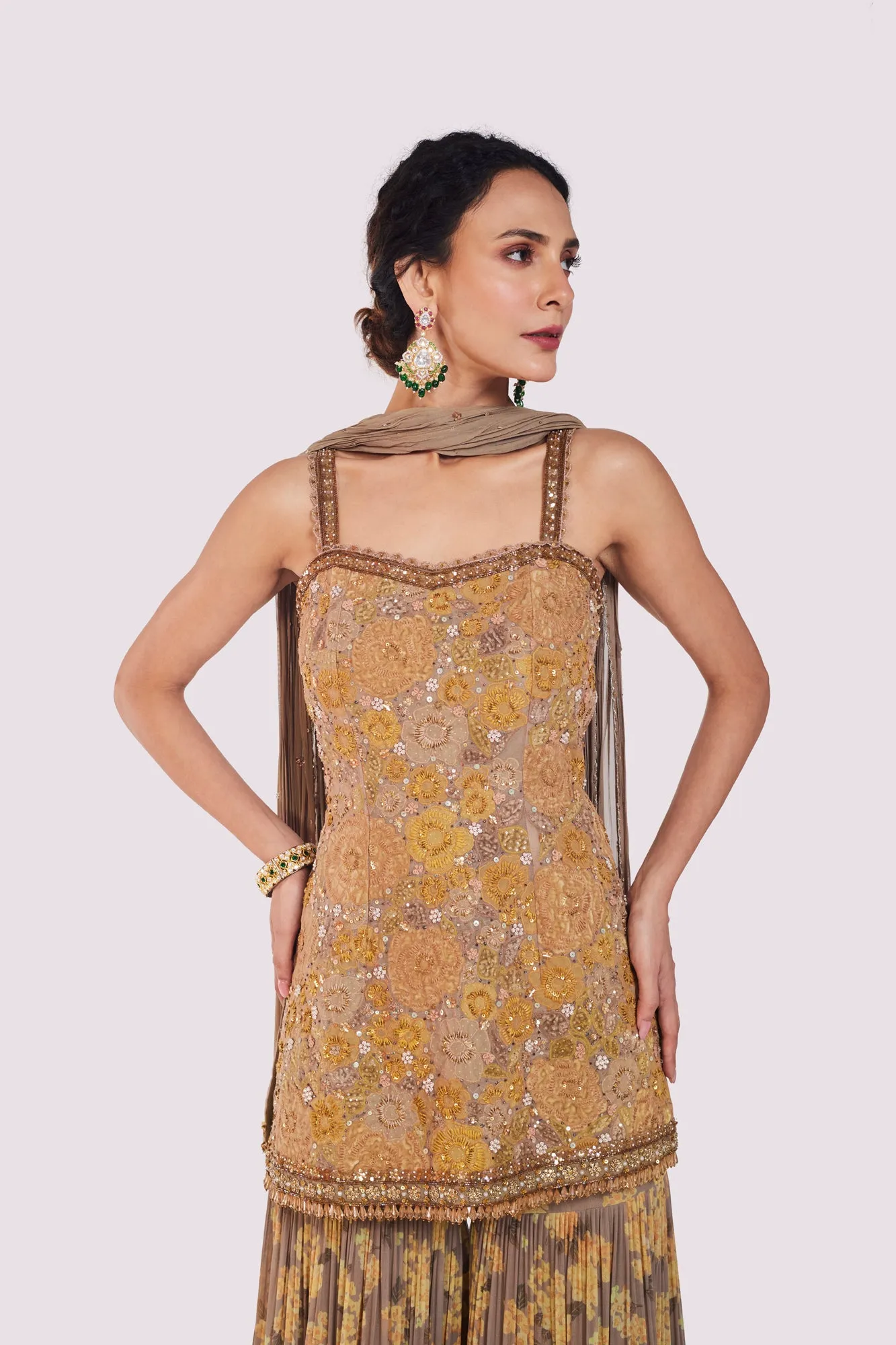 51Z048-RO Beige Floral Georgette Sharara Suit with Dupatta