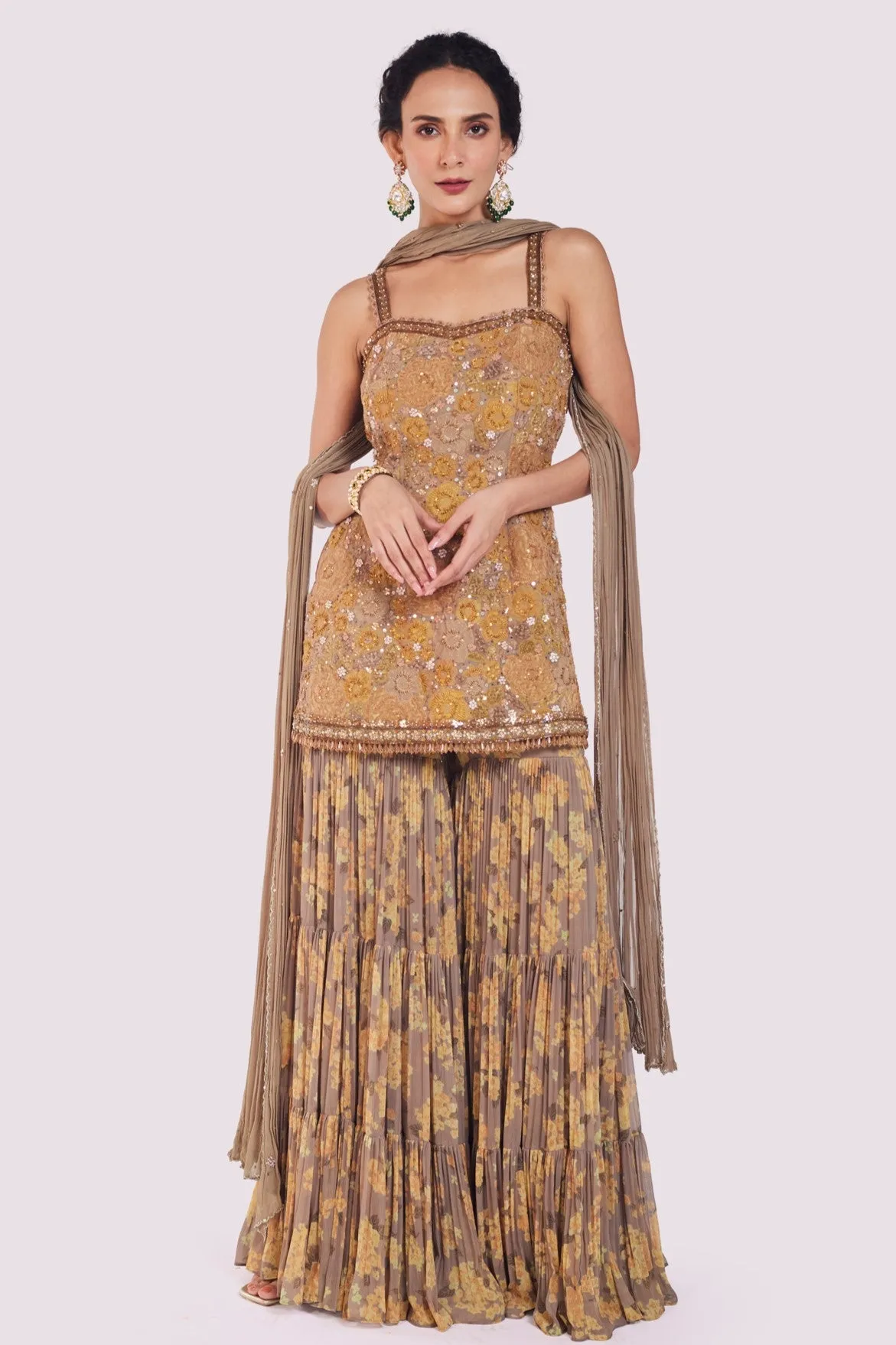 51Z048-RO Beige Floral Georgette Sharara Suit with Dupatta