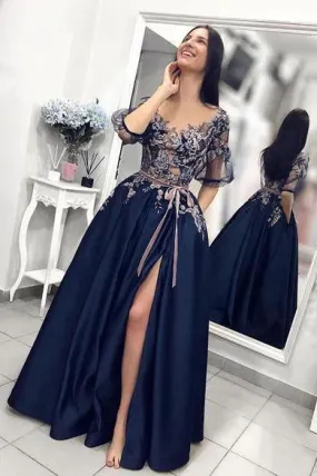 A line Blue Prom Dresses with High Slit Short Sleeve Satin with Pockets Evening Dresses