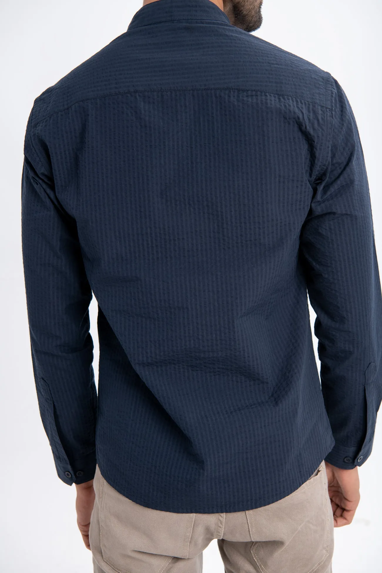 BAND COLLAR TEXTURED COTTON SHIRT