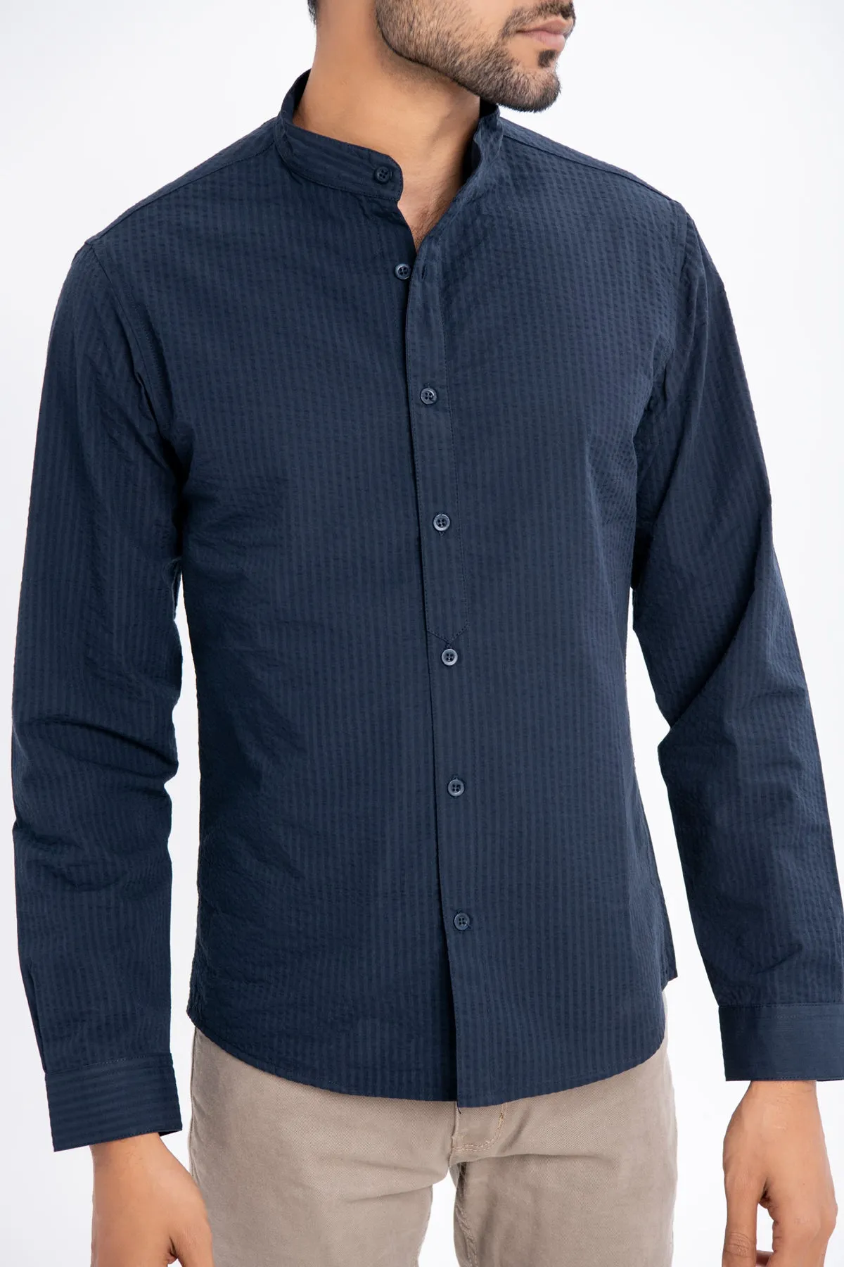 BAND COLLAR TEXTURED COTTON SHIRT