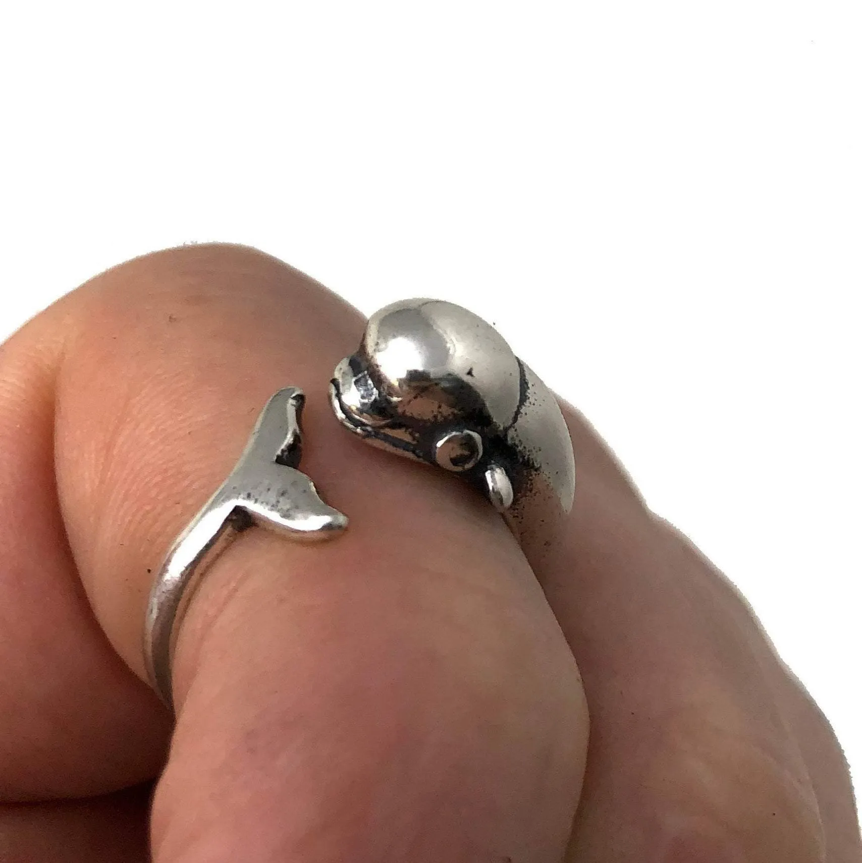 Beluga Whale Wrap Ring - Solid Hand Cast .925 Sterling Silver - Polished Oxidized Finish - Sizes 4.5 to 9 Available - Arctic Cetacean Gift