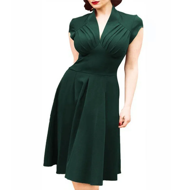 BerriesJam - 2024 Solid Color Retro V Neck Short Tunic Midi Party Dress