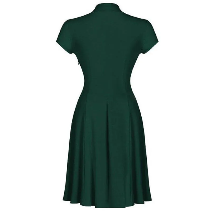 BerriesJam - 2024 Solid Color Retro V Neck Short Tunic Midi Party Dress