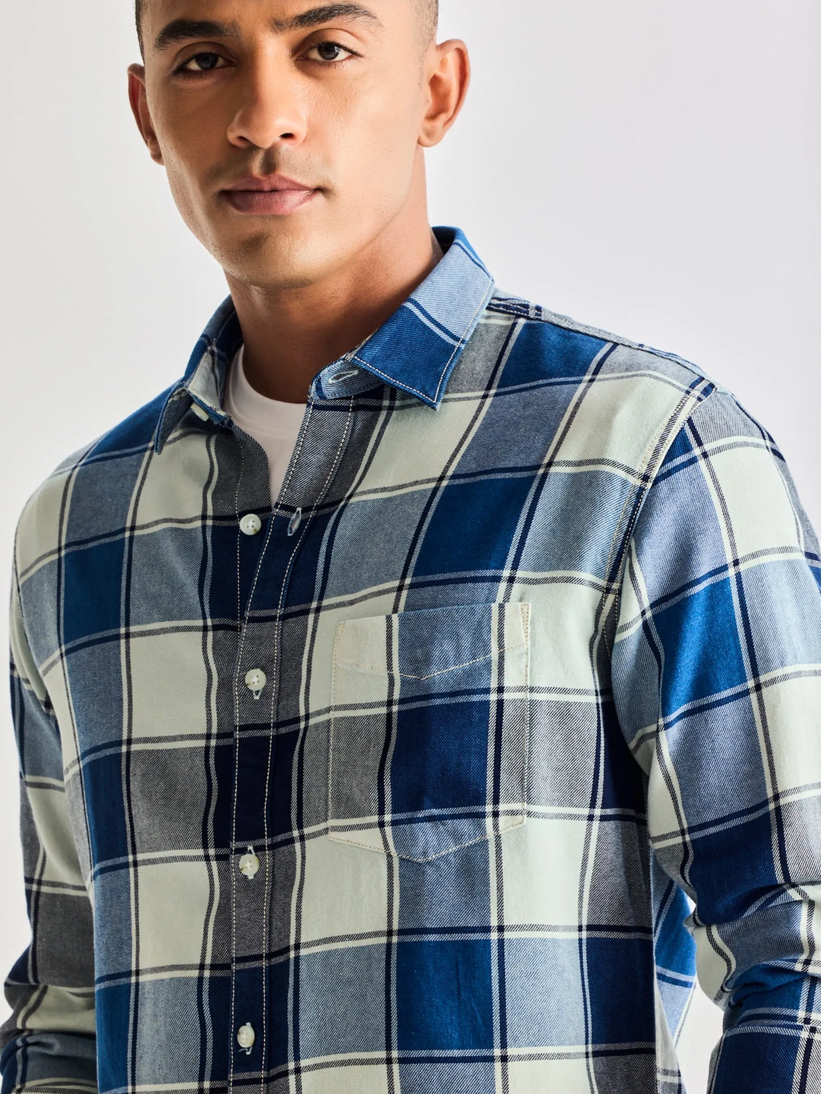 Blue Pure Cotton Checked Shirt