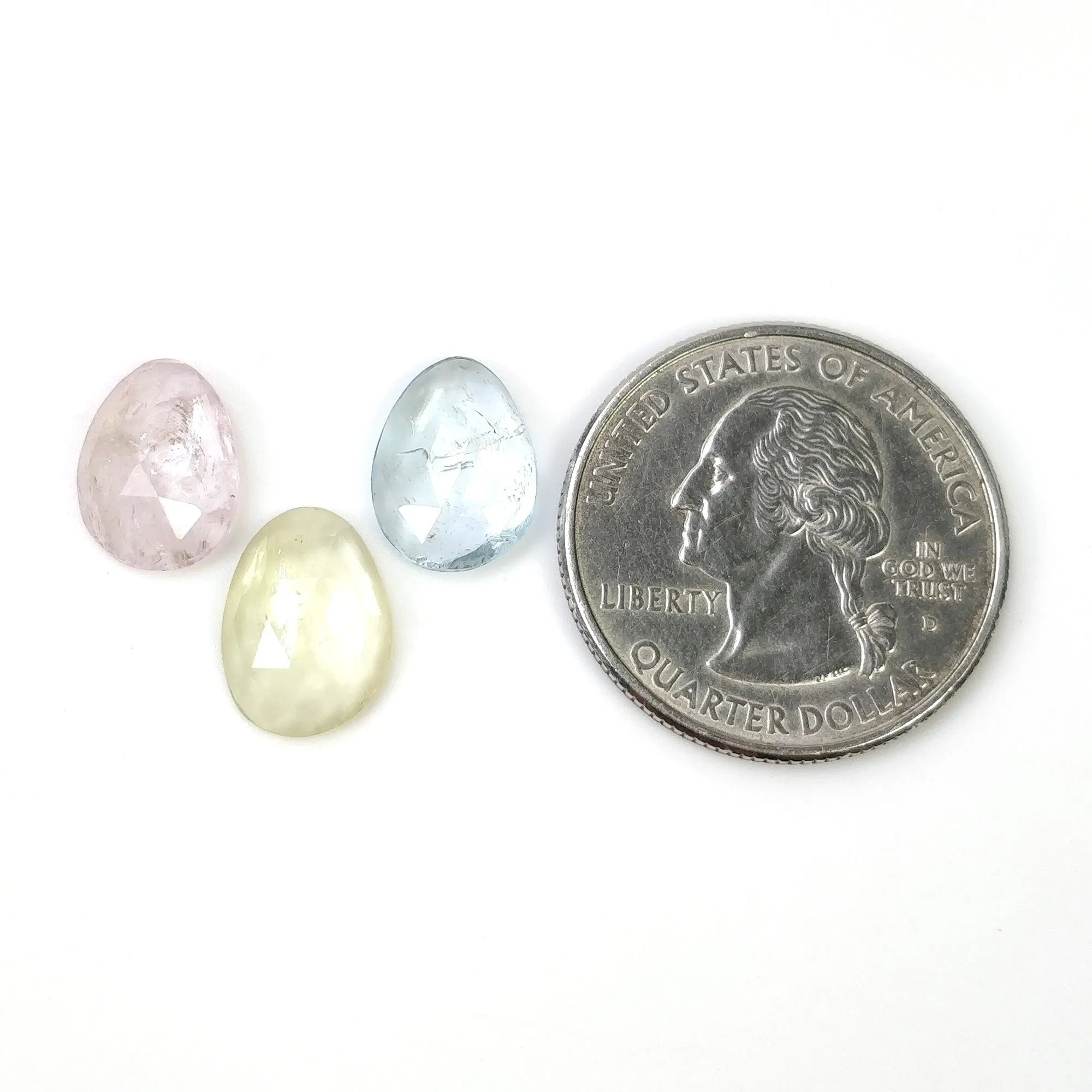 Blue Yellow AQUAMARINE & Pink MORGANITE Gemstone Rose Cut : 7.60cts Natural Untreated Uneven Shape 11*8mm - 12*9mm 3pcs (With Video)