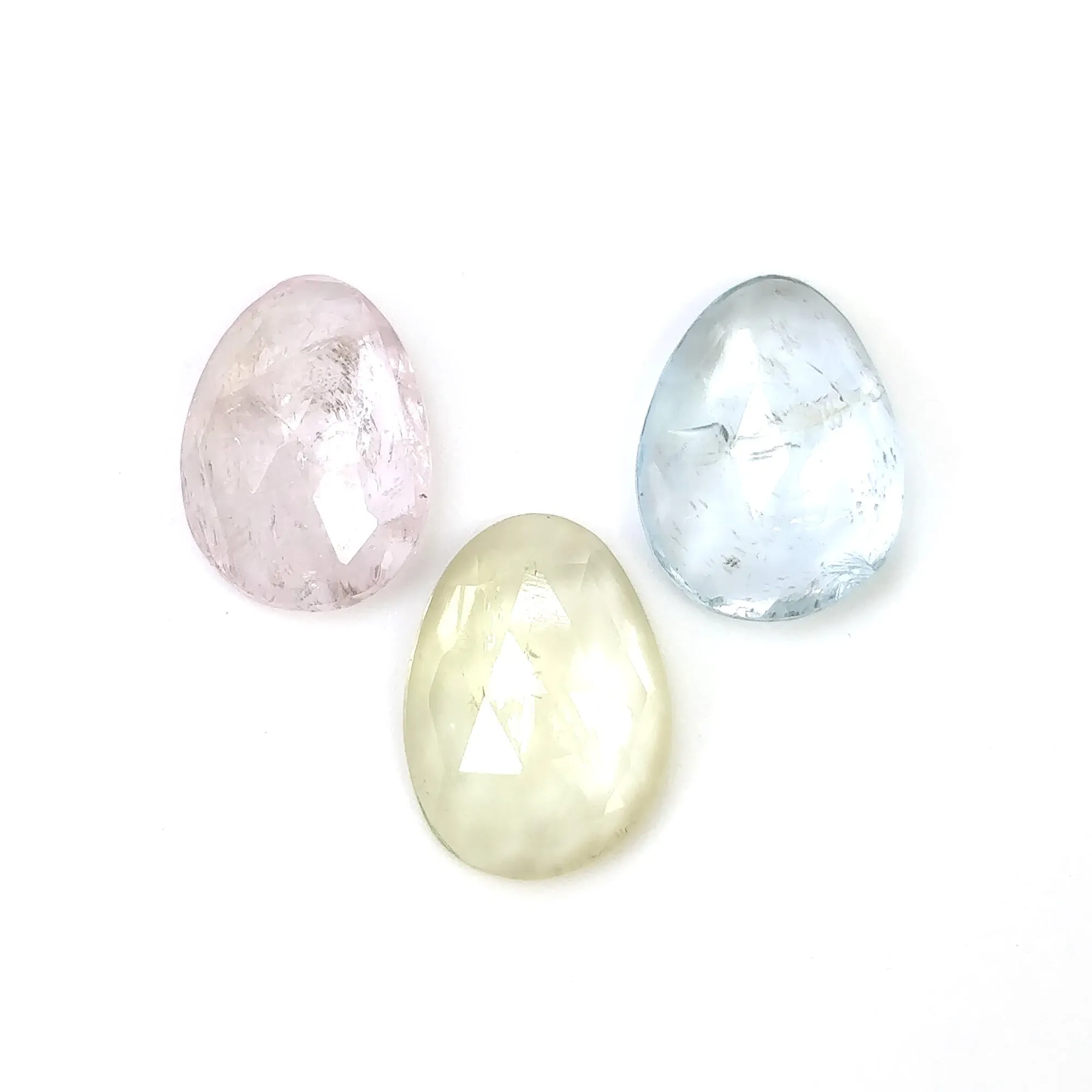 Blue Yellow AQUAMARINE & Pink MORGANITE Gemstone Rose Cut : 7.60cts Natural Untreated Uneven Shape 11*8mm - 12*9mm 3pcs (With Video)