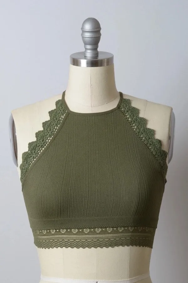 Bralette - High Neck Crochet Lace Trim Bralette - Olive