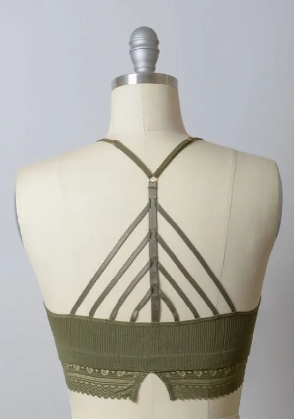 Bralette - High Neck Crochet Lace Trim Bralette - Olive