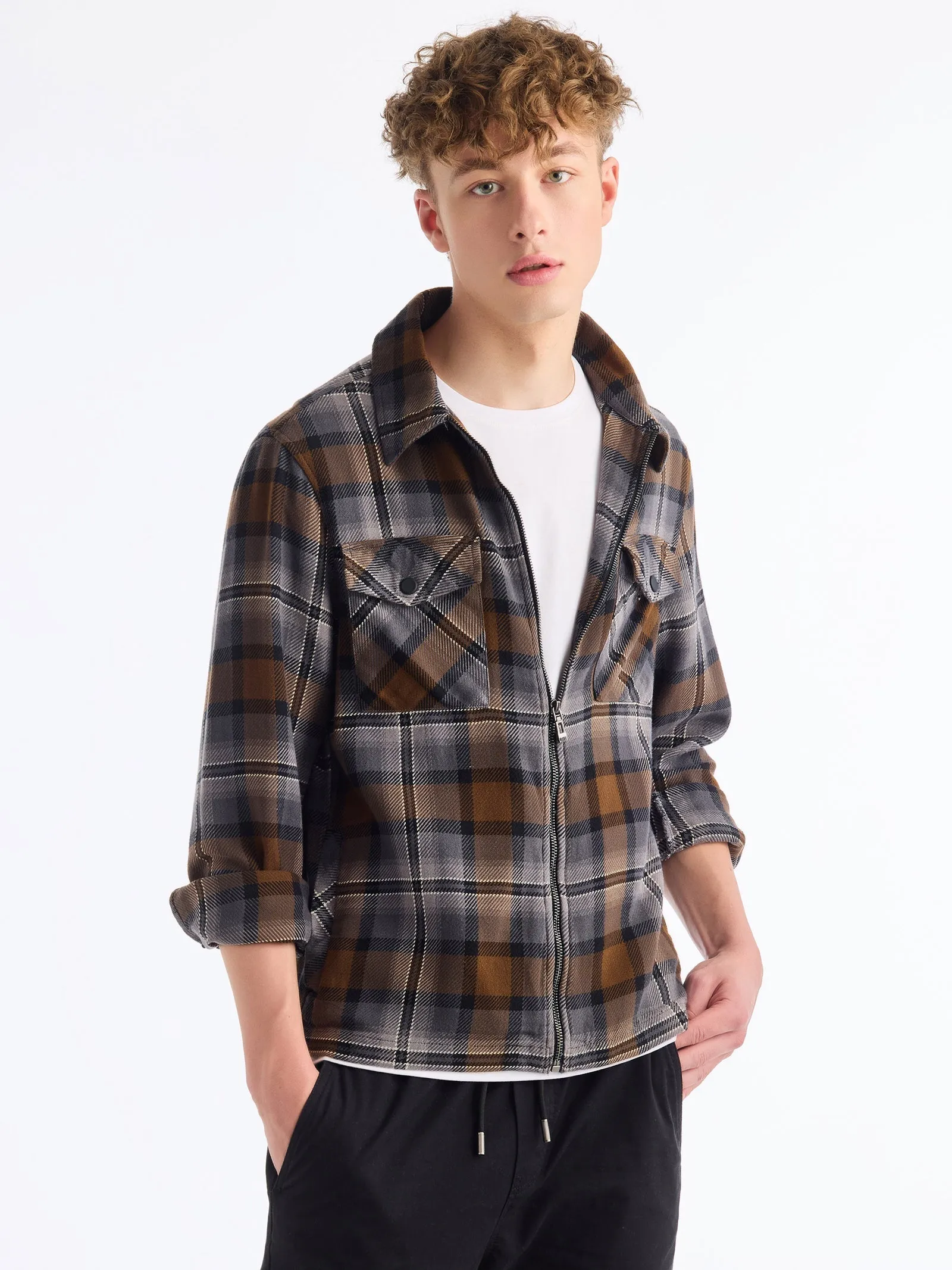 Brown Checked Pure Cotton Shacket