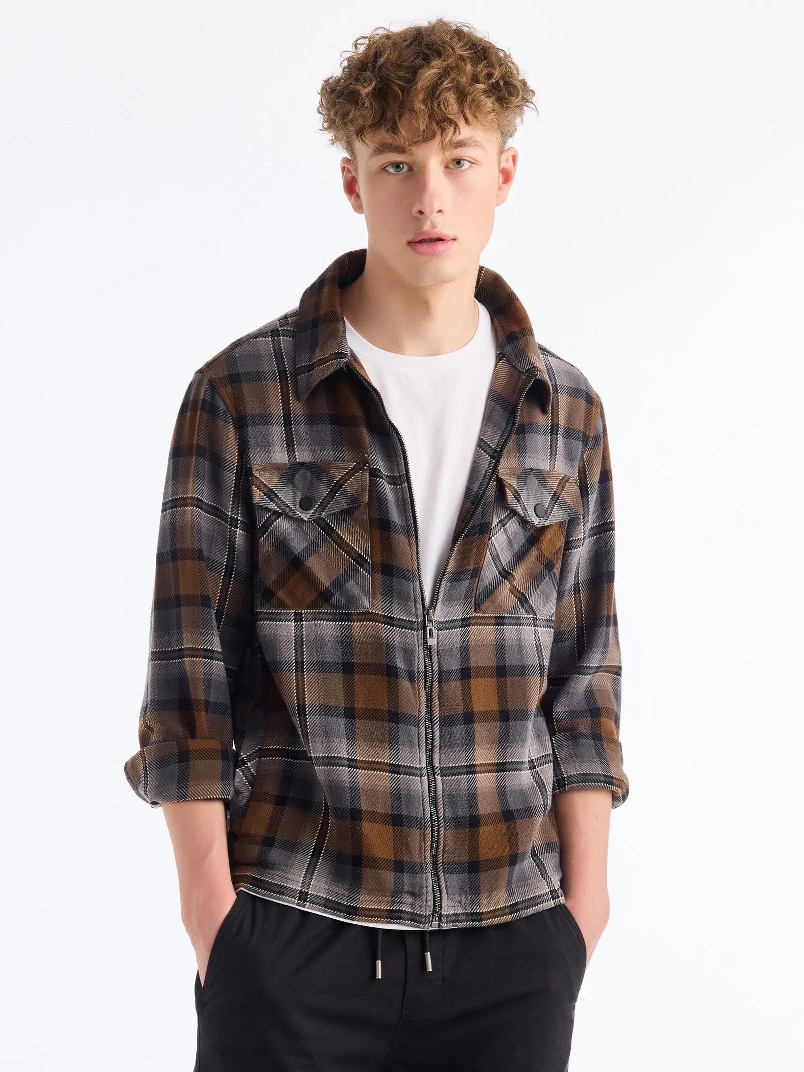 Brown Checked Pure Cotton Shacket