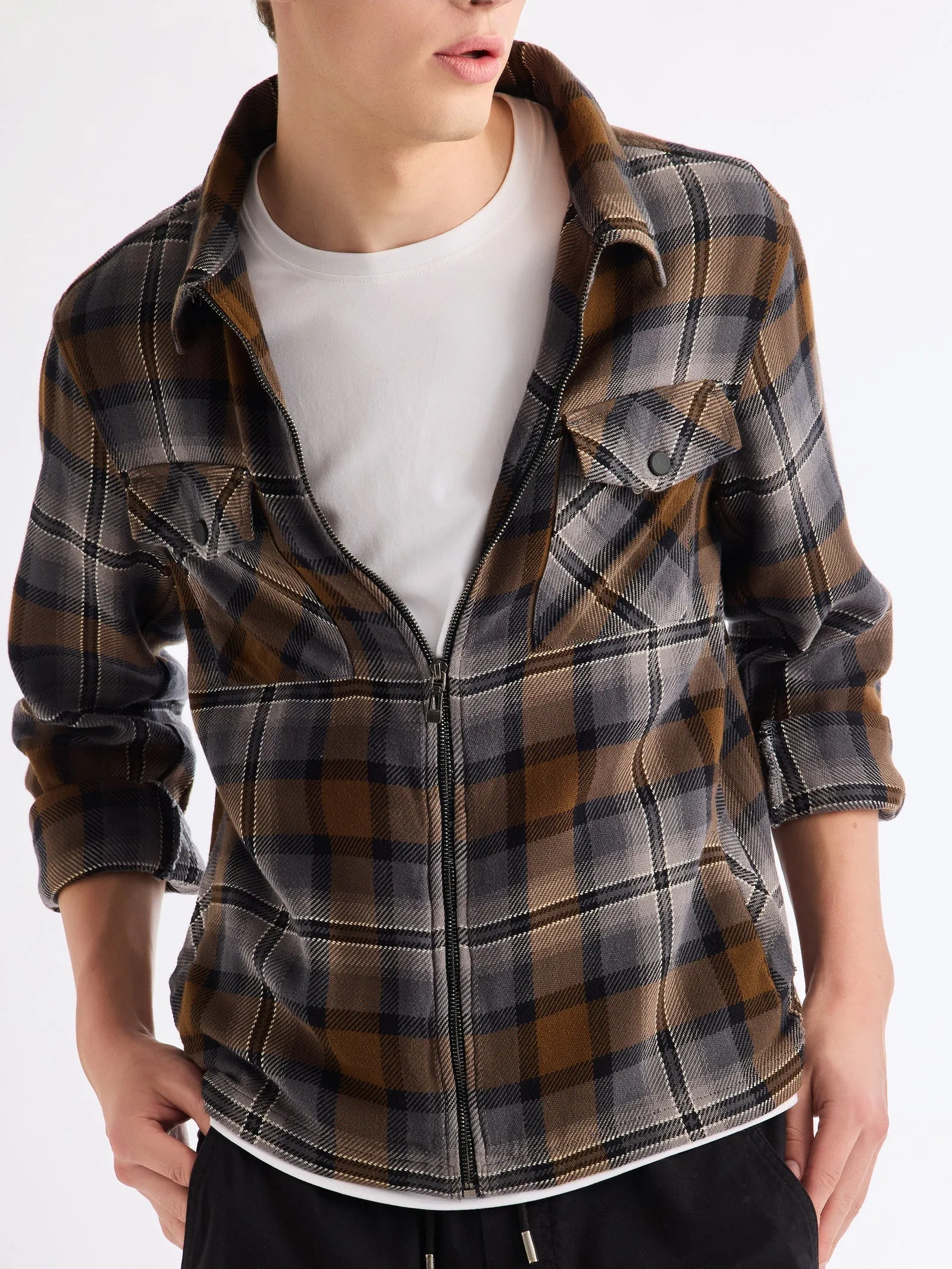 Brown Checked Pure Cotton Shacket