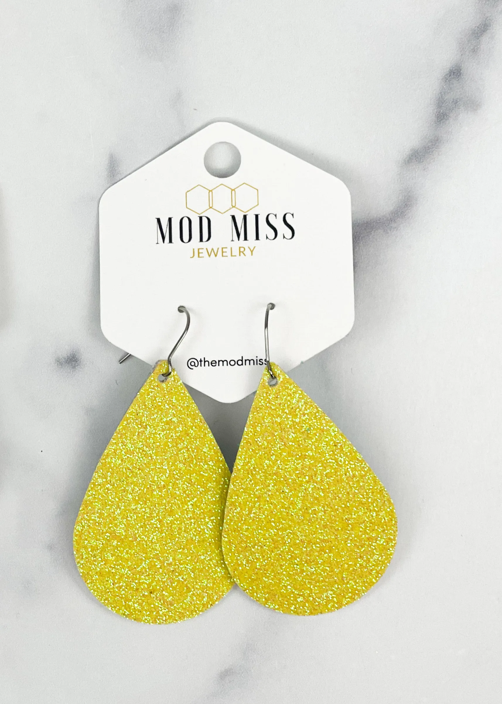 Cork Leather Teardrop Earring Fine Glitter Yellow