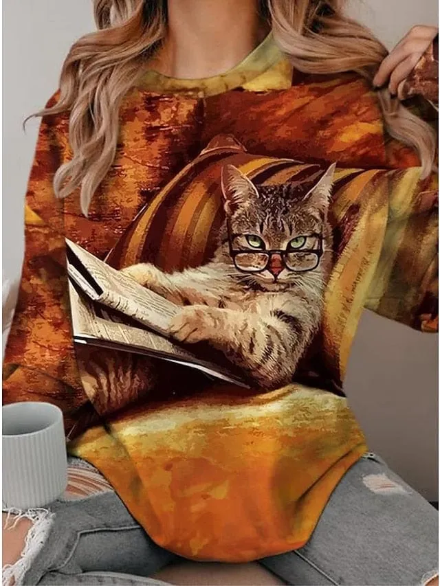 Cozy Cat Print Velvet Sweatshirt for Women