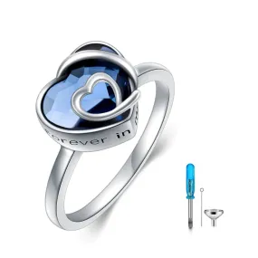 Crystal Heart Cremation Urn Ring Holds Loved Ones Ashes Always in My Heart Sterling Silver Urn Ring for Ashes for Women