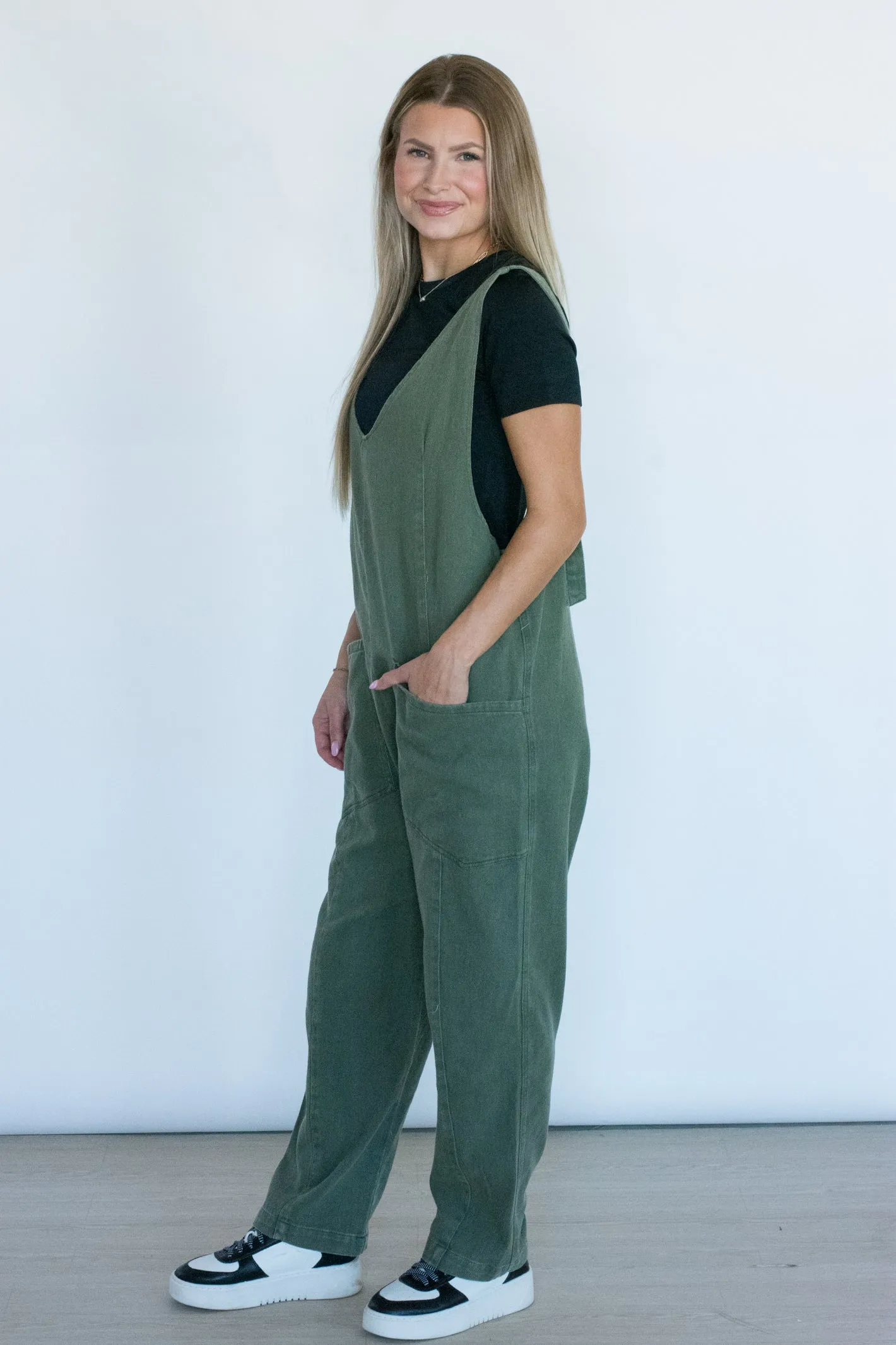 Fall Moments Olive Washed Denim Jumpsuit