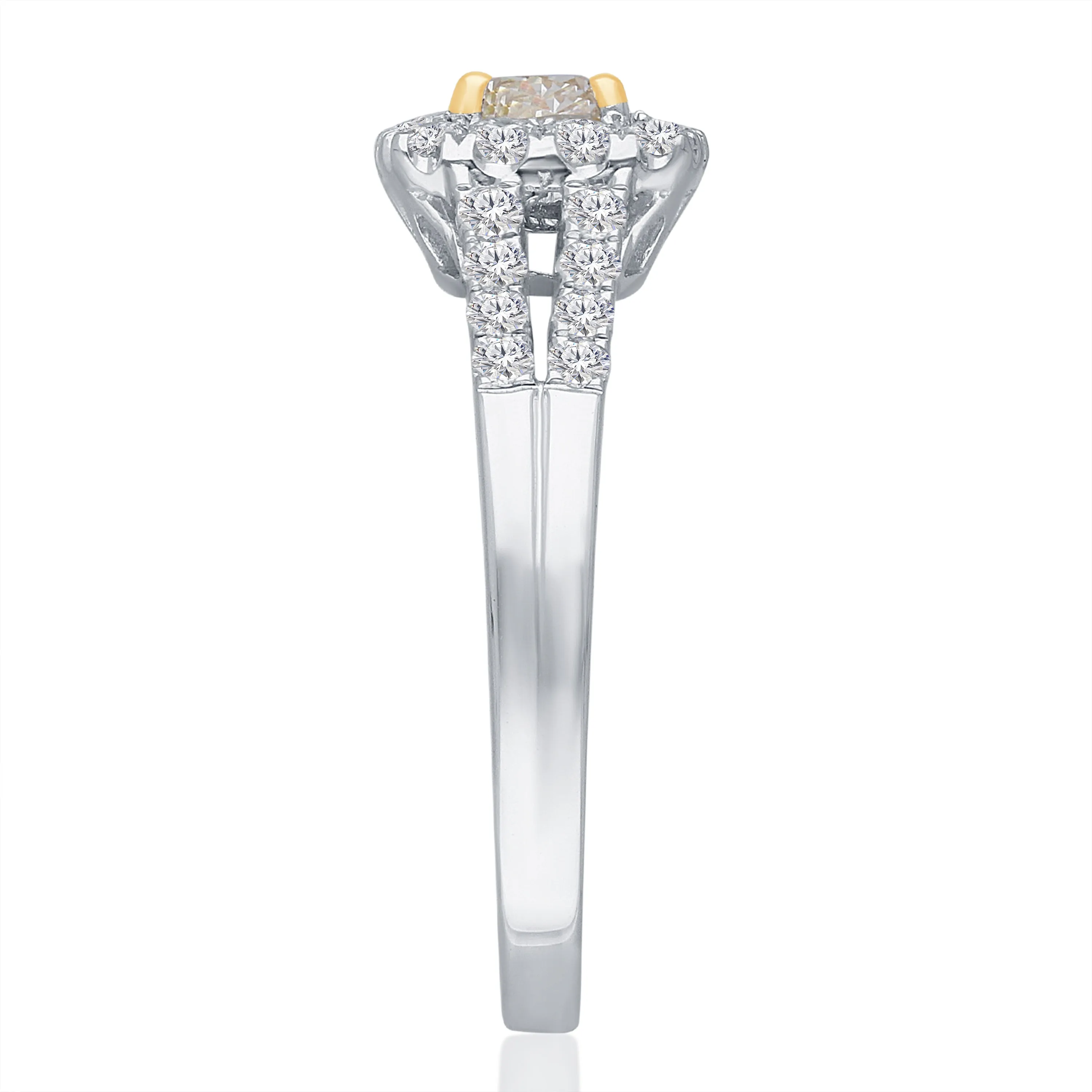 Kallati Eternal Cushion Halo Split Shank Yellow Diamond Engagement Ring in 14K White Gold