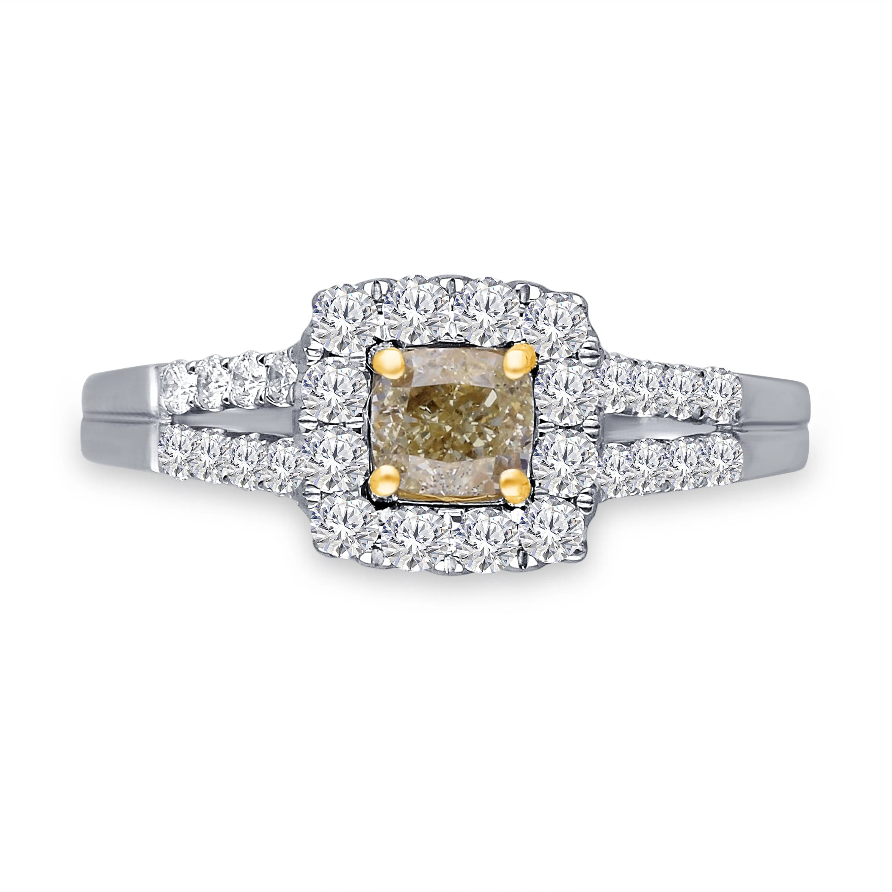 Kallati Eternal Cushion Halo Split Shank Yellow Diamond Engagement Ring in 14K White Gold