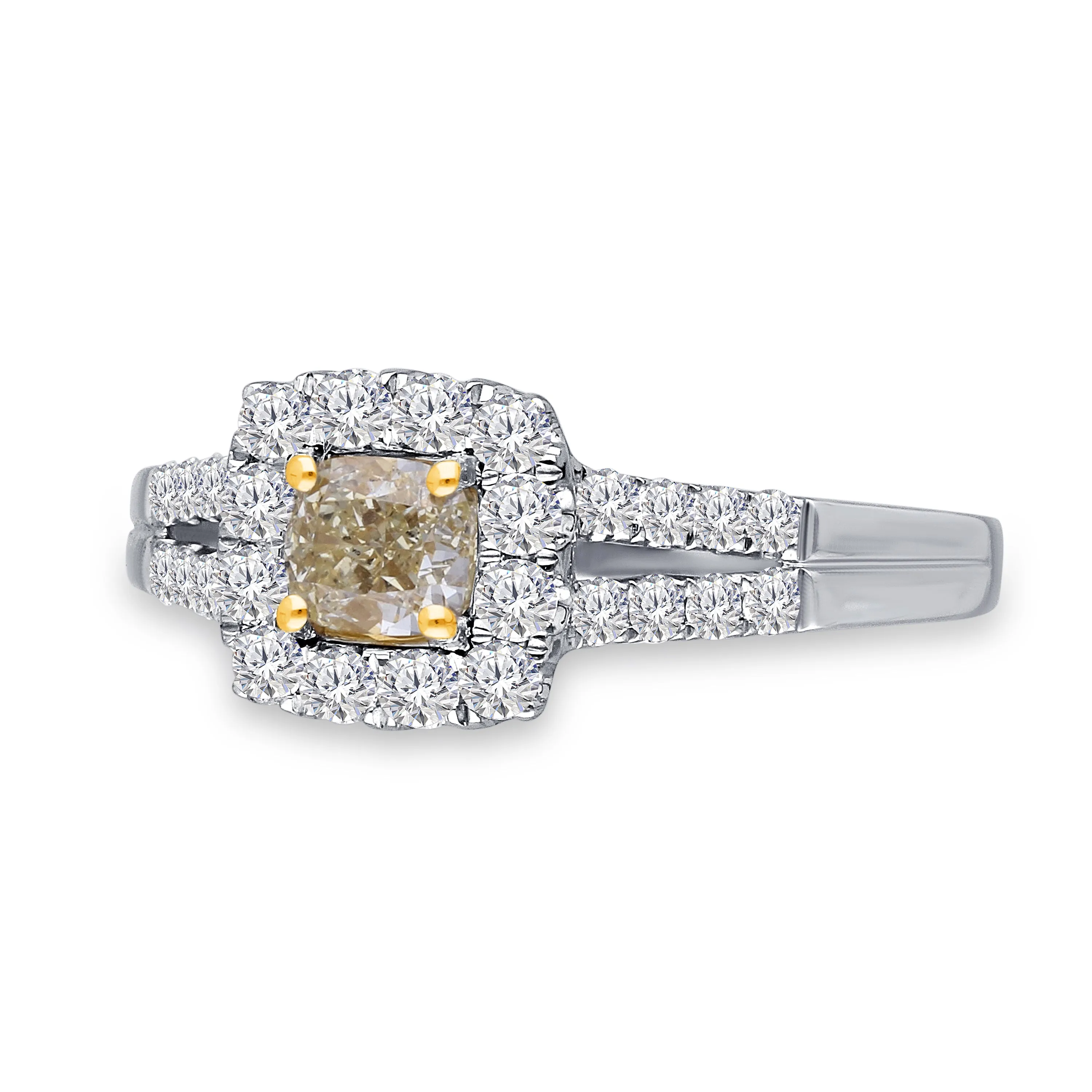 Kallati Eternal Cushion Halo Split Shank Yellow Diamond Engagement Ring in 14K White Gold