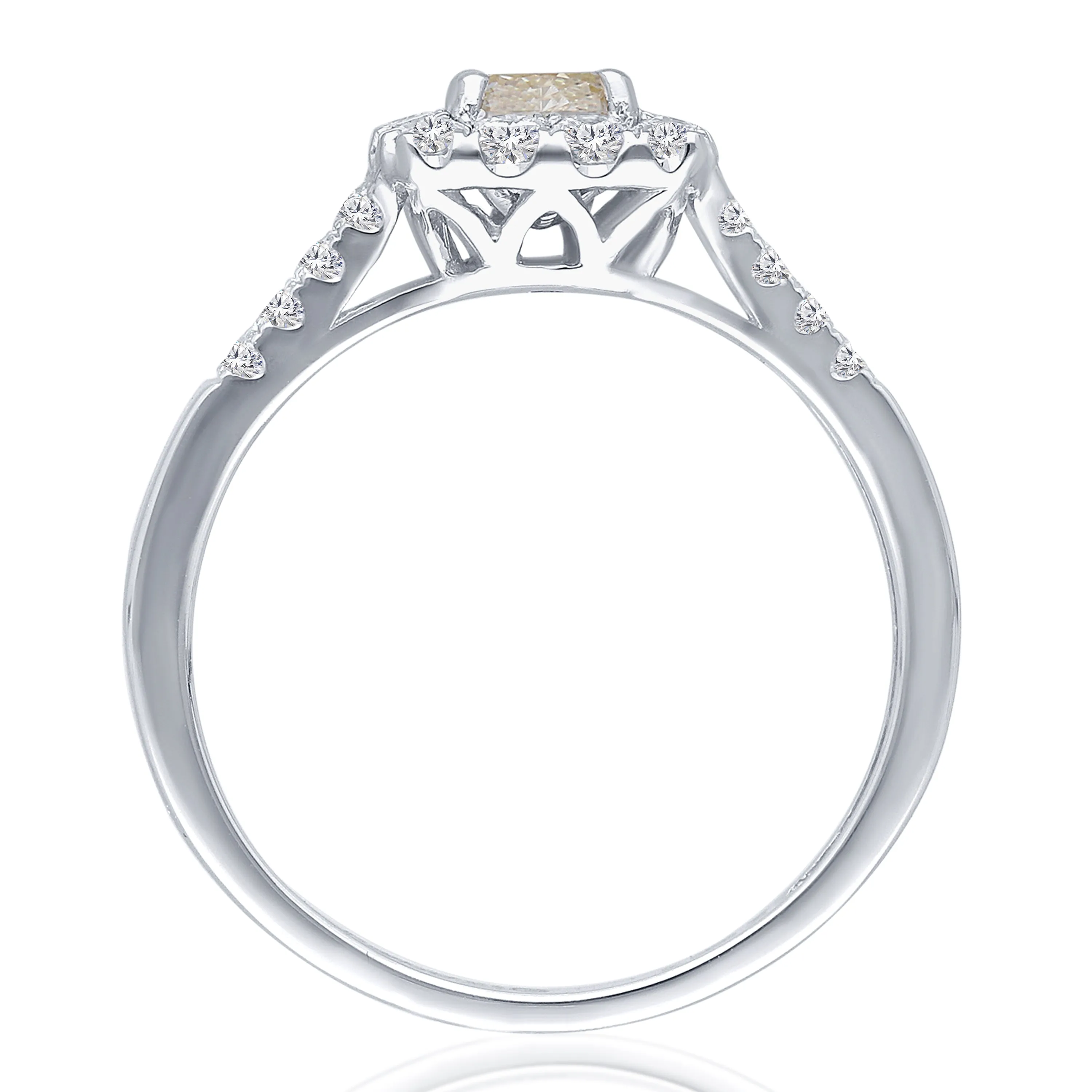 Kallati Eternal Cushion Halo Split Shank Yellow Diamond Engagement Ring in 14K White Gold