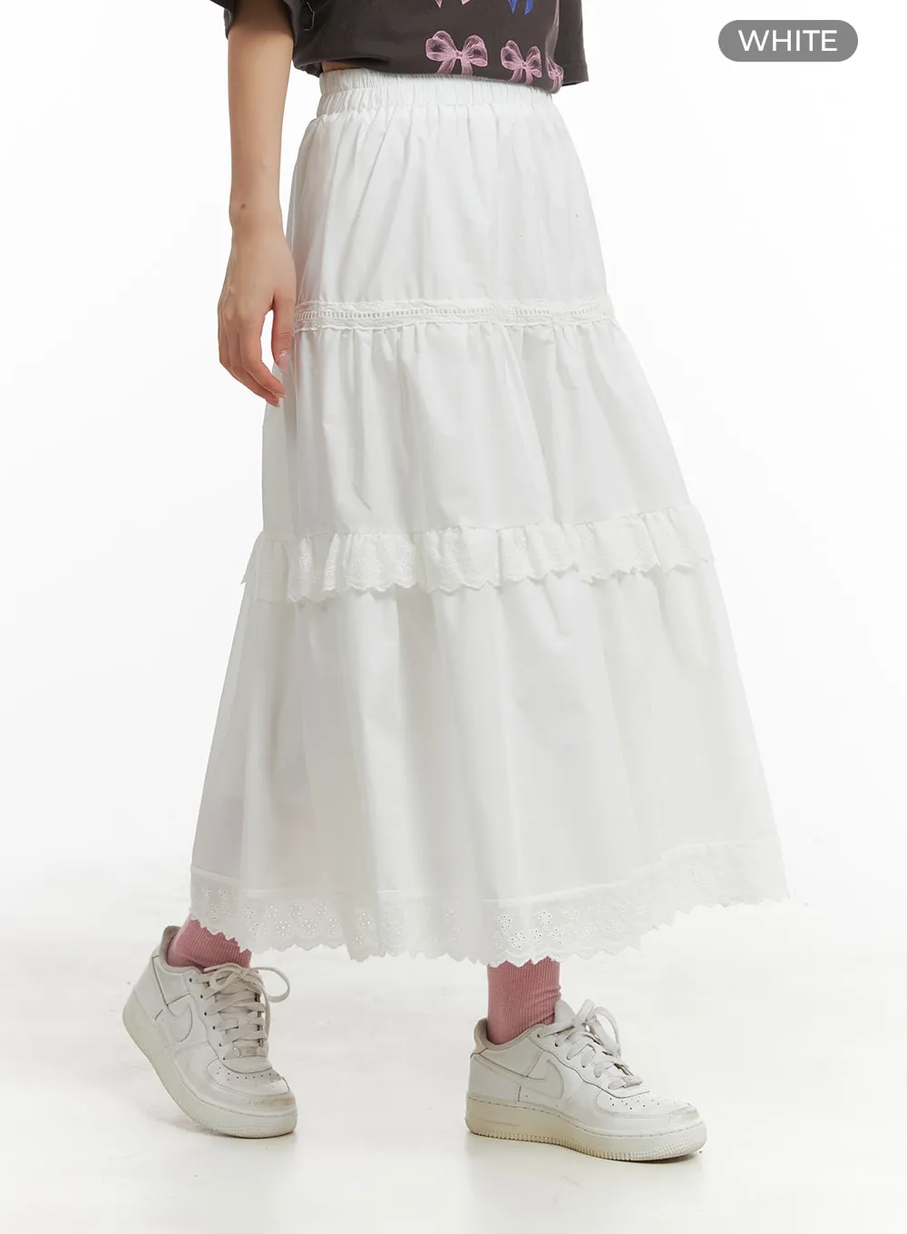 Lace Mid Rise Tiered Maxi Skirt OM429