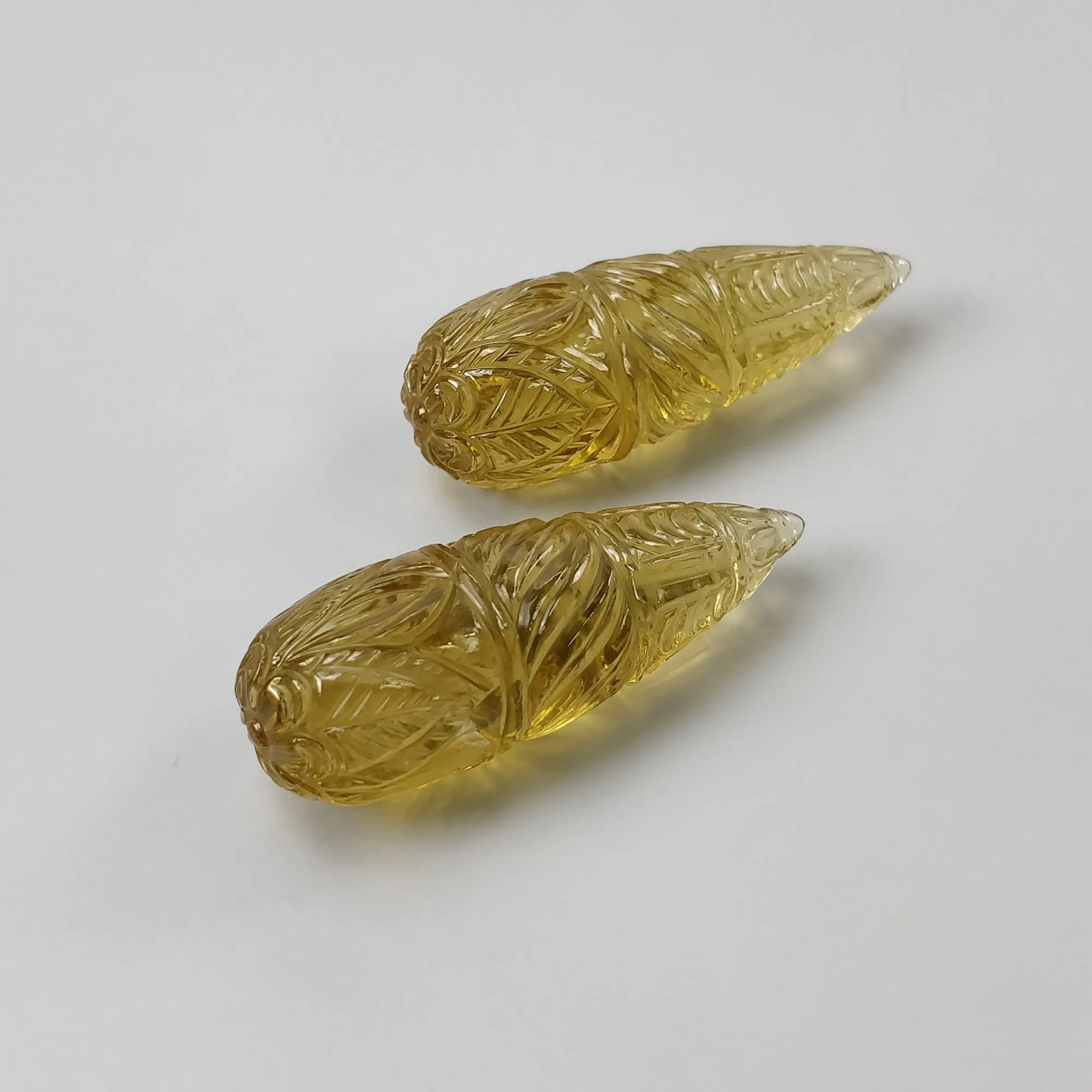 LEMON QUARTZ Gemstone Carving : 115.70cts Natural Untreated Quartz Hand Carved Teardrops Shape 43.5mm Pair