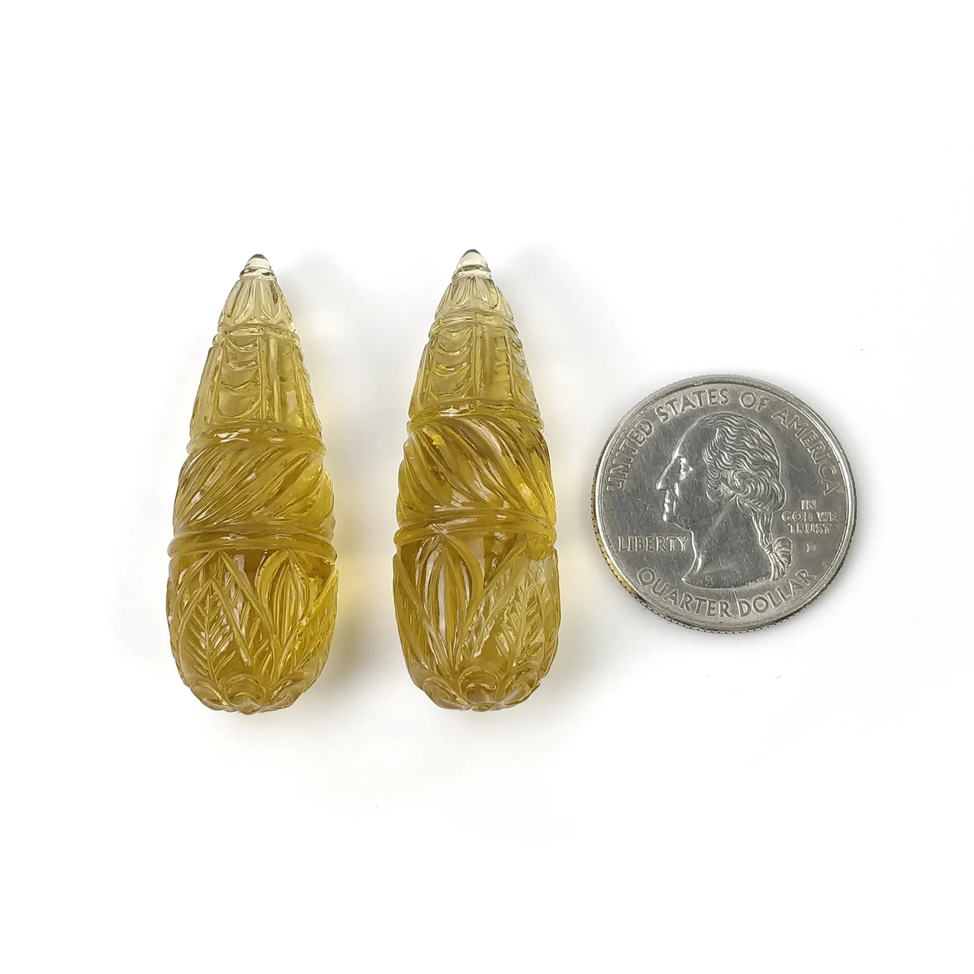 LEMON QUARTZ Gemstone Carving : 115.70cts Natural Untreated Quartz Hand Carved Teardrops Shape 43.5mm Pair