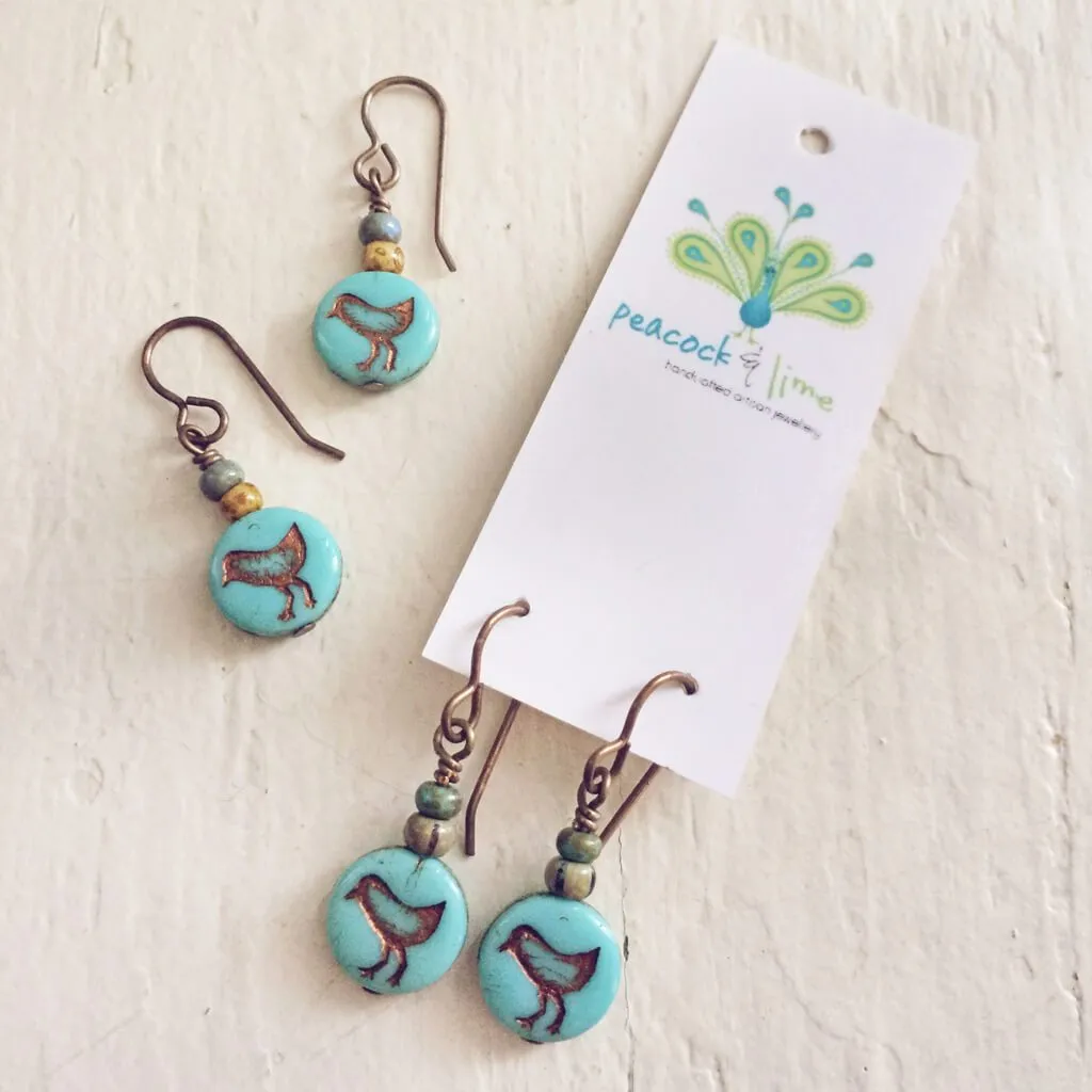 little bird blue // czech glass coin drop earrings, choice of colour