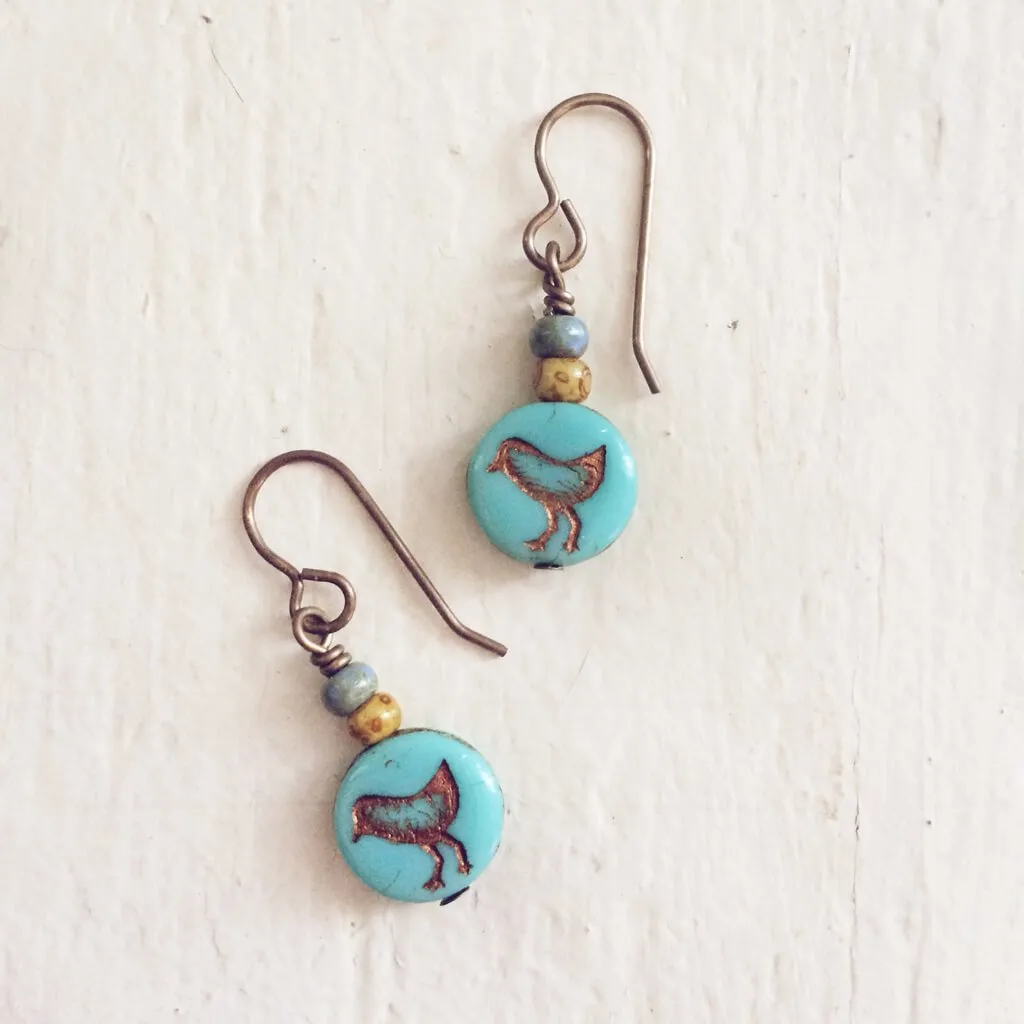 little bird blue // czech glass coin drop earrings, choice of colour