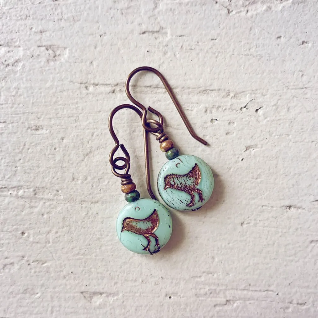 little bird blue // czech glass coin drop earrings, choice of colour