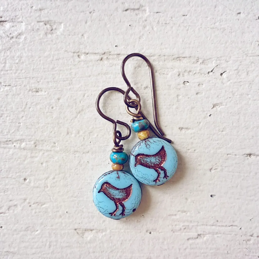 little bird blue // czech glass coin drop earrings, choice of colour