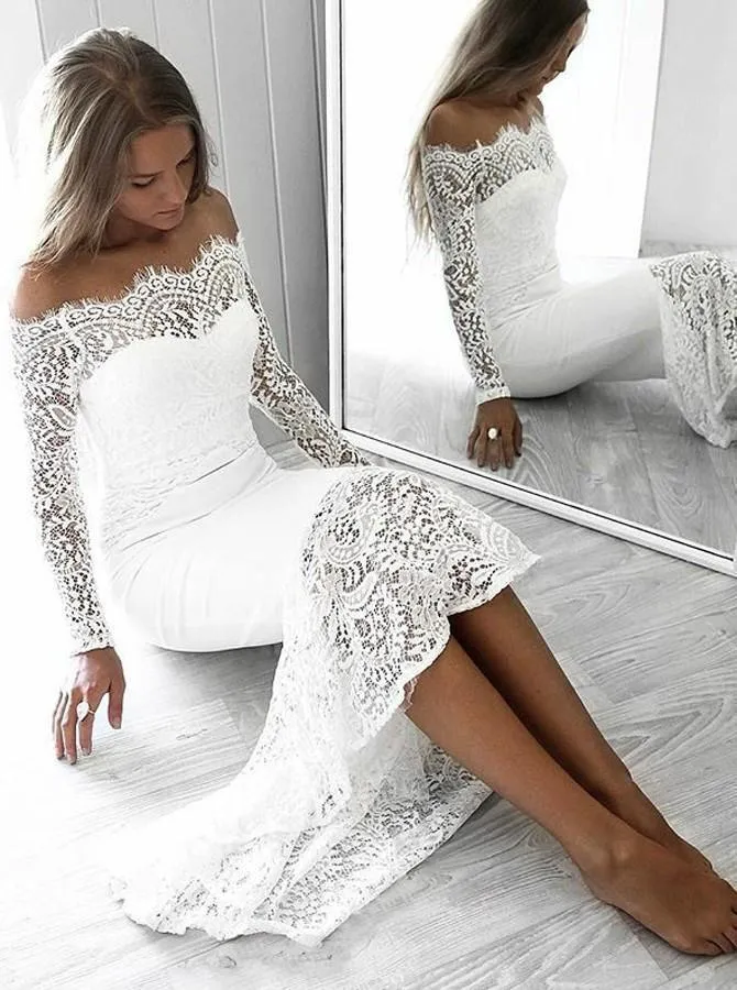 Long Sleeve Lace Appliques Sheath White Prom Dresses Off the Shoulder Wedding Dress