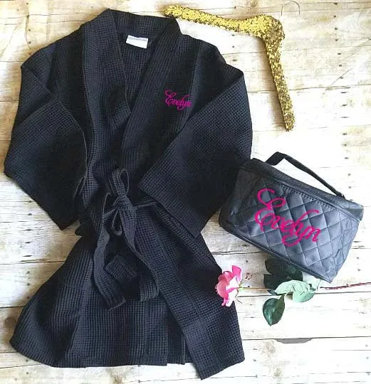 Monogrammed fuschia waffle weave spa robe and cosmetic bag